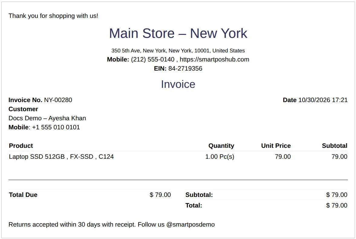 Invoice NY-00280 for 79.00 with Total Due 79.00 and no payments