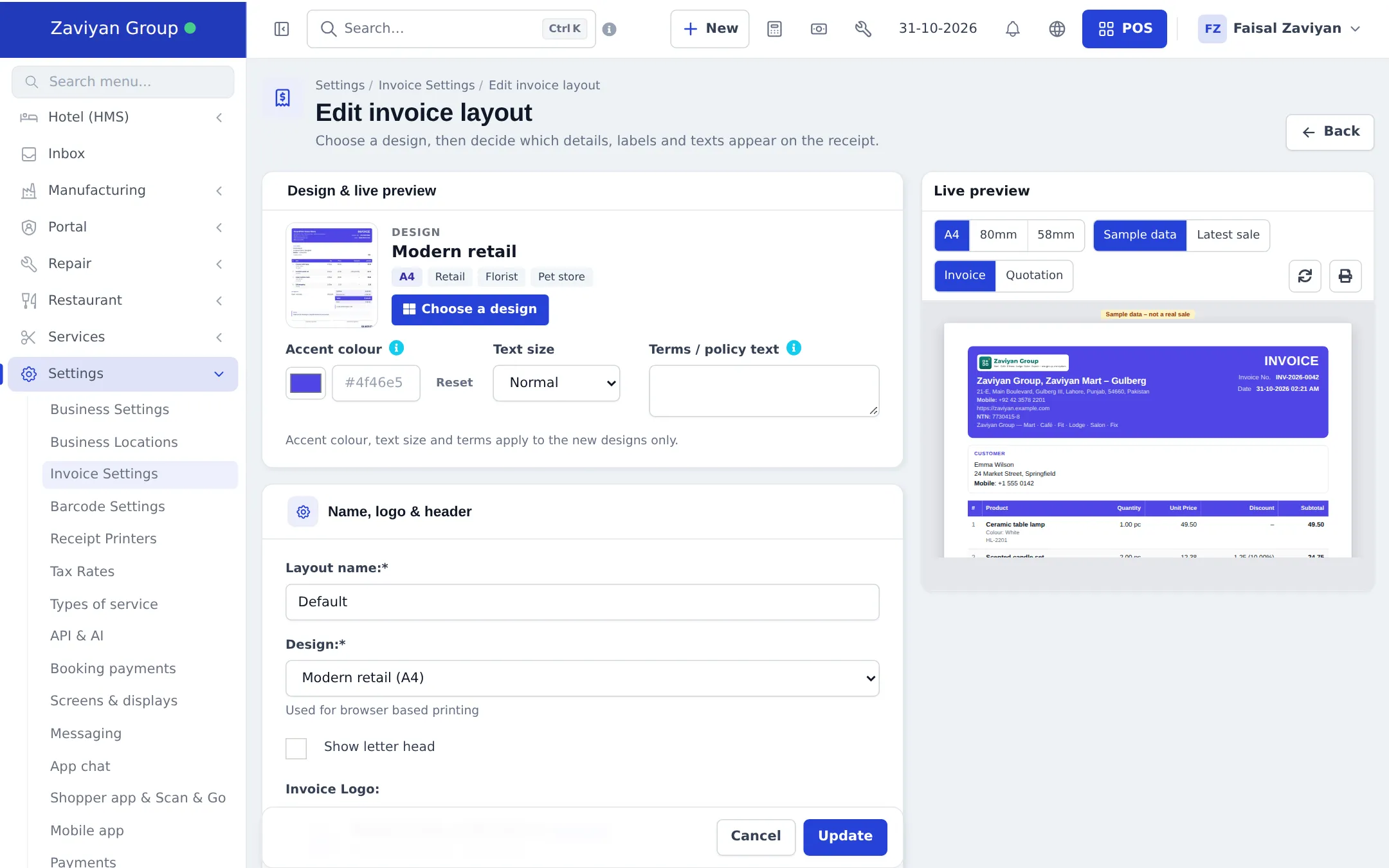 Edit invoice layout page with design picker, accent colour, text size, terms and a live A4 invoice preview