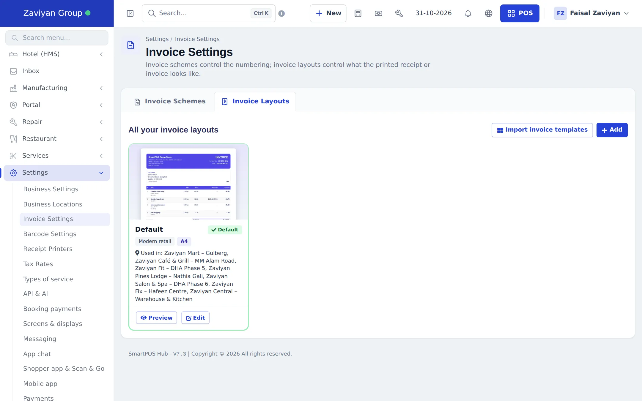 Invoice Layouts tab with the default Modern retail layout card, Preview and Edit buttons