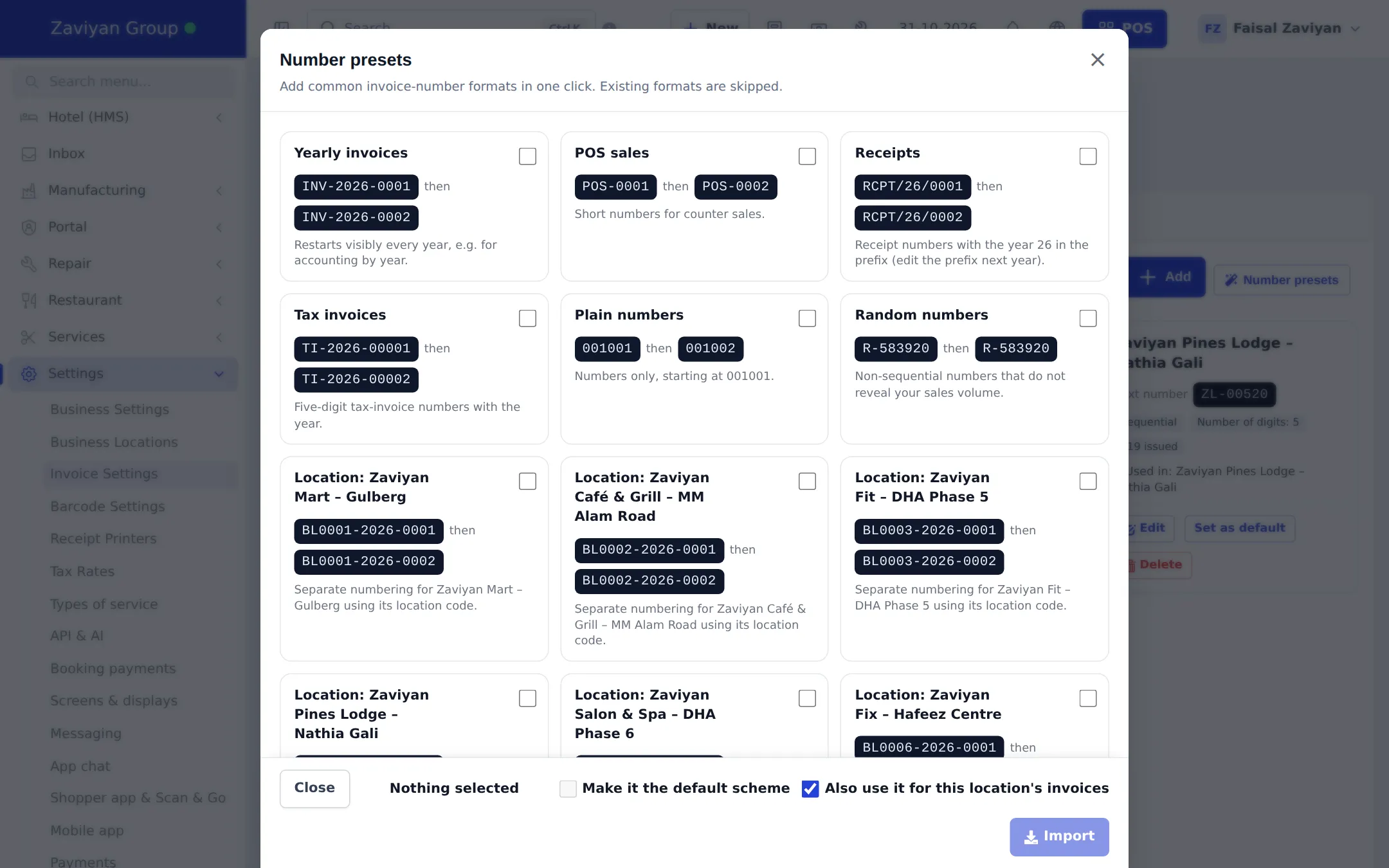 Number presets window with Yearly invoices, POS sales, Receipts, Tax invoices, Plain numbers, Random numbers and one preset per location