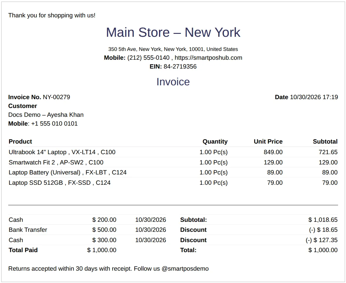 Invoice NY-00279 listing three payments 200 cash, 500 bank transfer, 300 cash, Total Paid 1,000.00 and Total 1,000.00