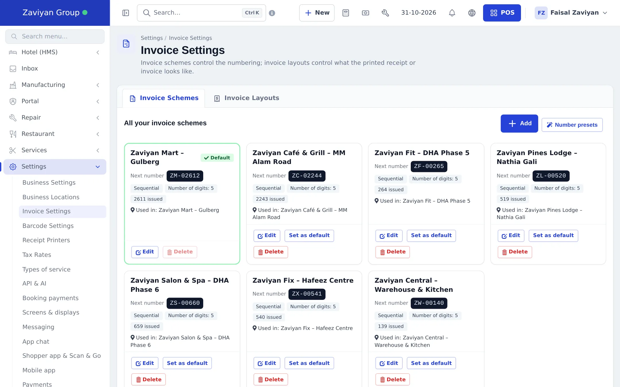 Invoice Schemes tab with one card per location showing the next invoice number, such as ZM-02612 and ZC-02244, sequential numbering, number of digits and the location it is used in