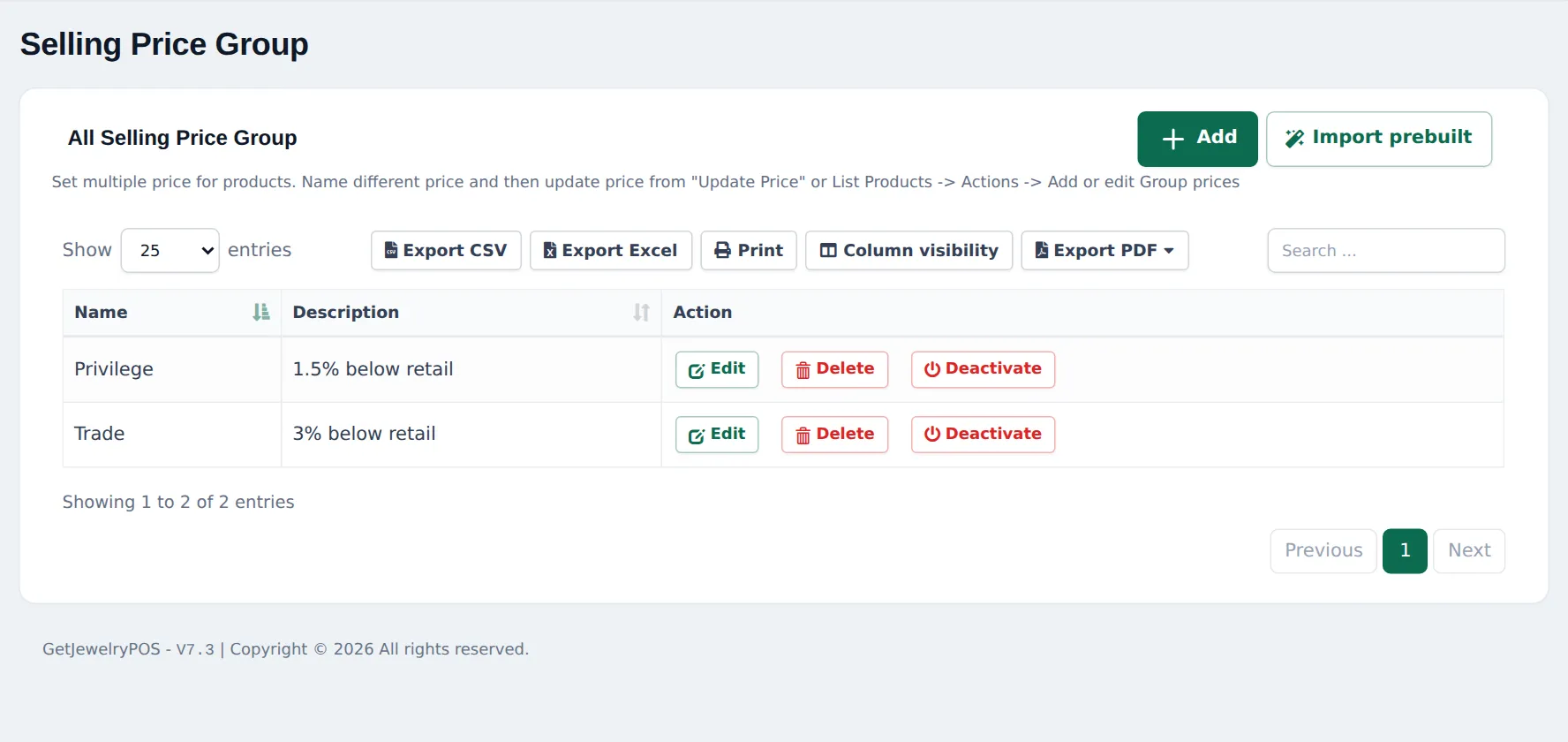 Selling Price Group page listing Trade and Privilege groups