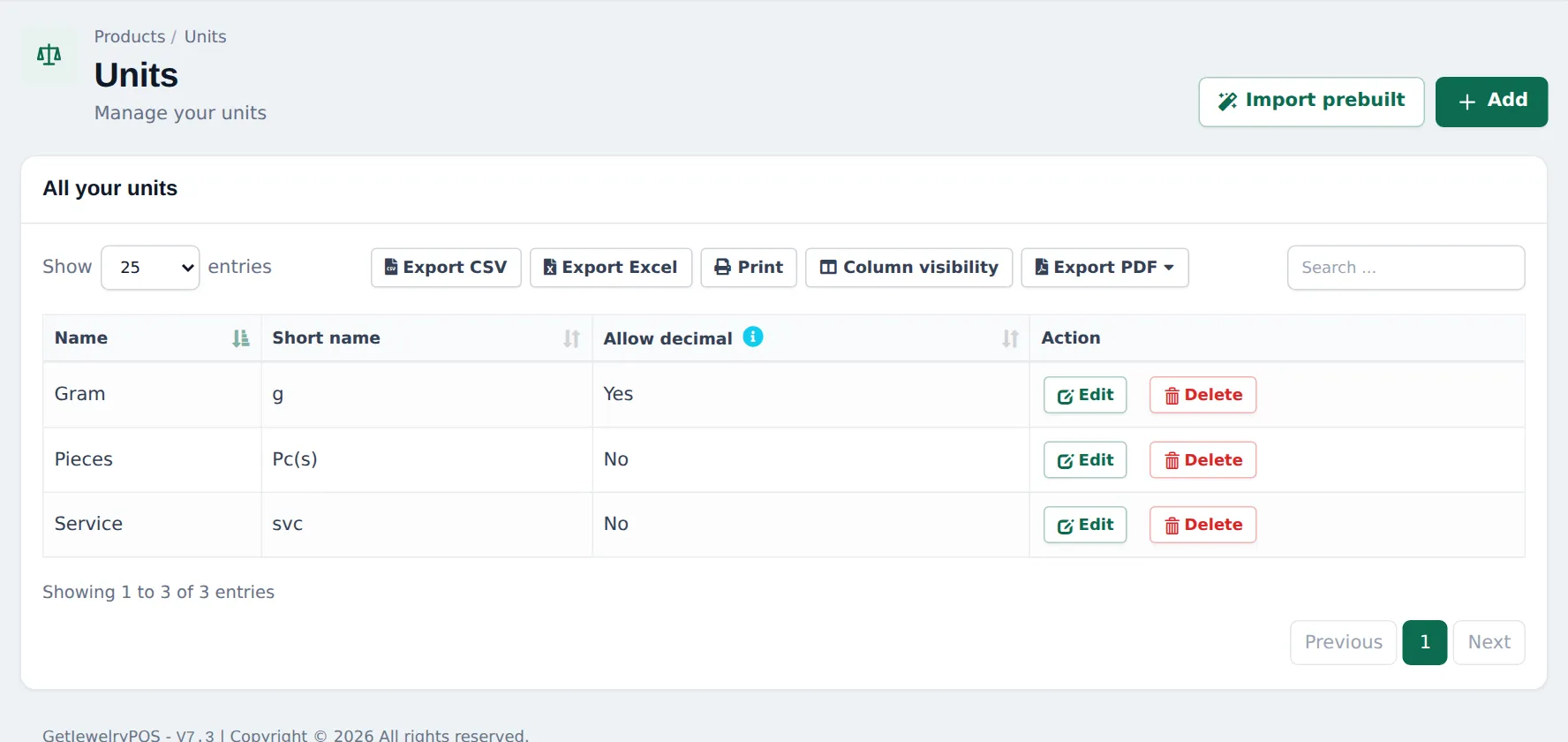 Units page with Pieces, Service and Gram (g) with Allow decimal Yes for Gram