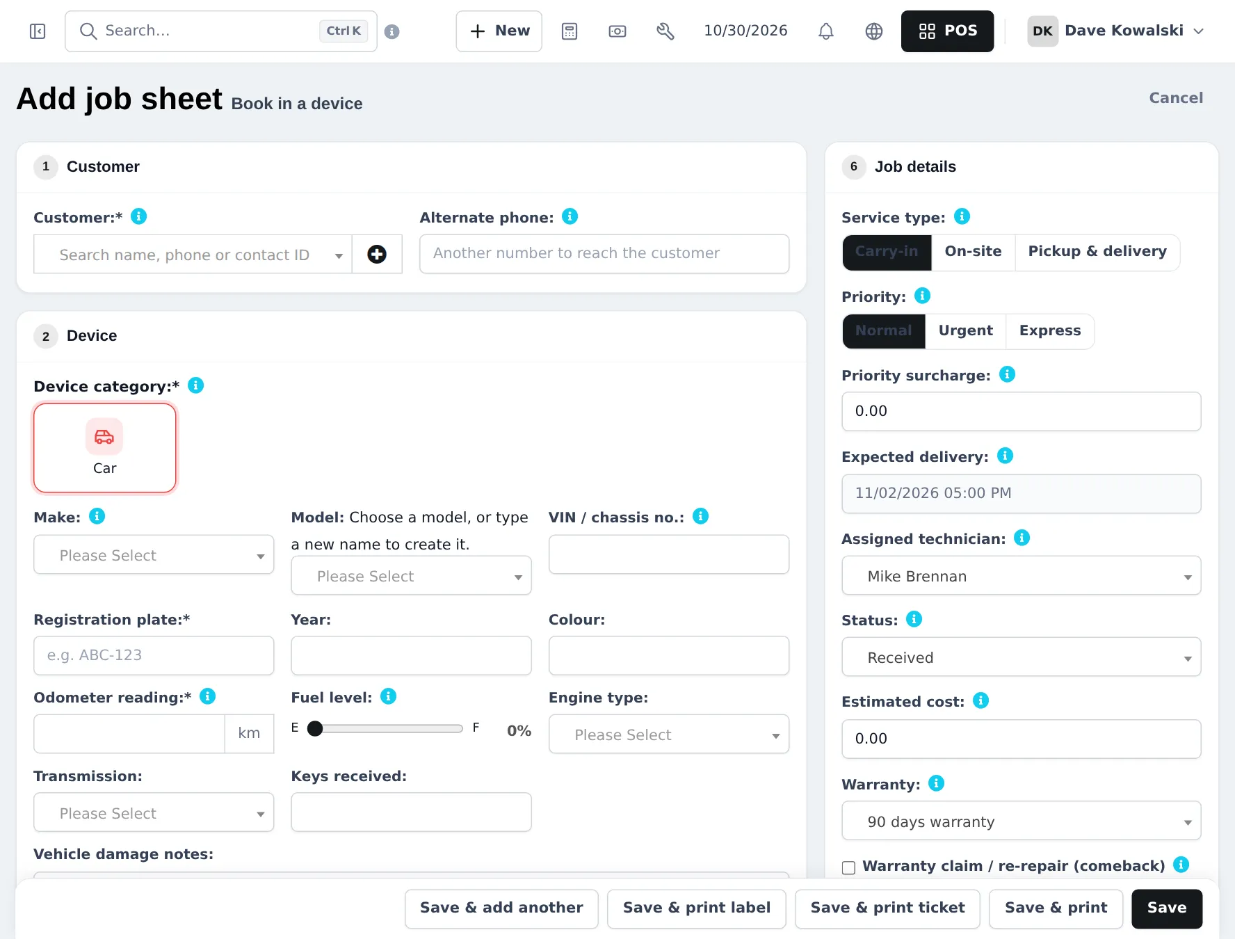 Add job sheet with customer, Car device category selected, make, model, VIN, registration plate, year, colour, odometer, fuel level, engine type and transmission, and job details with service type, priority, technician, status, estimated cost and warranty