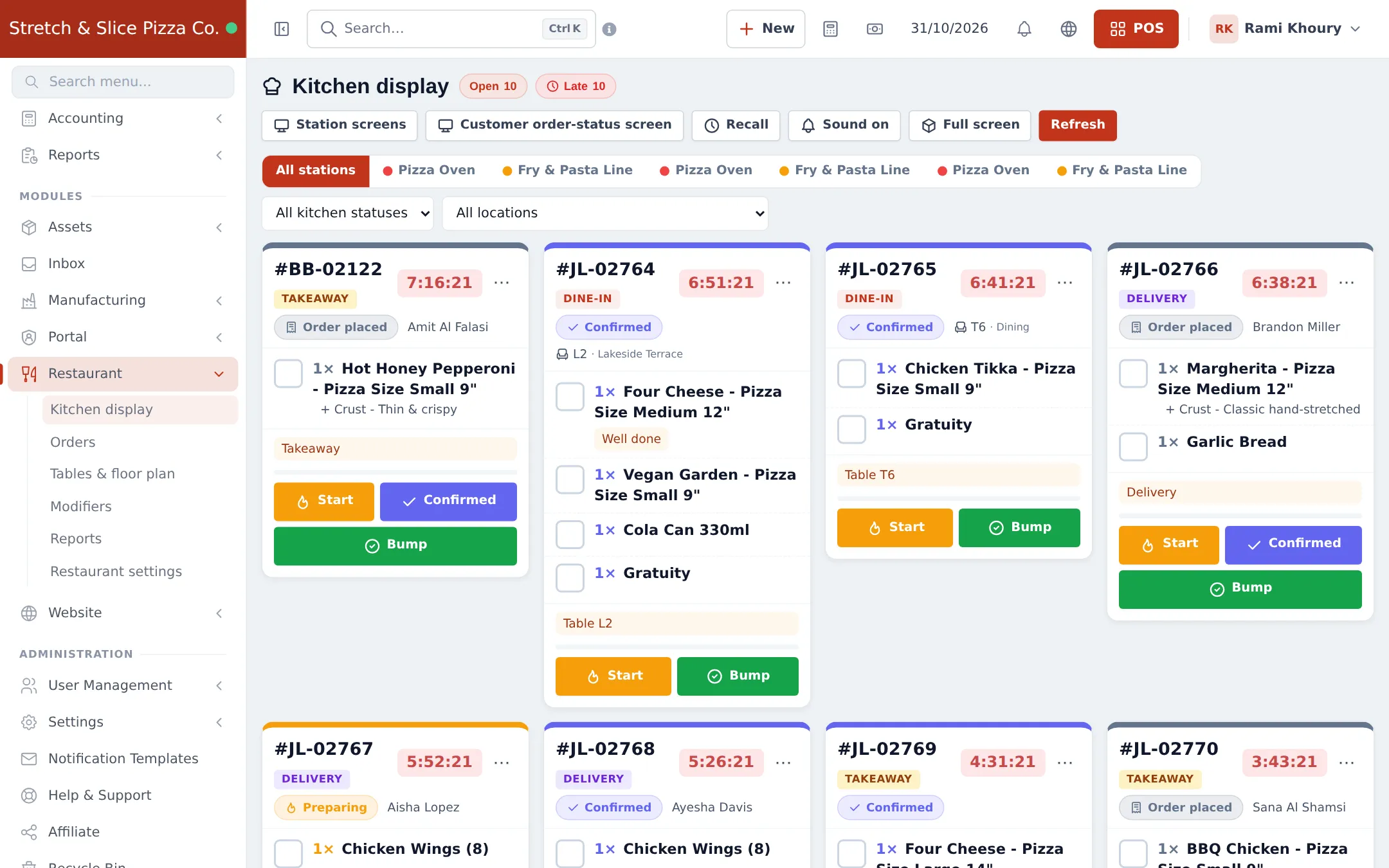 Kitchen display with dine-in, takeaway and delivery tickets, timers and Start and Bump buttons