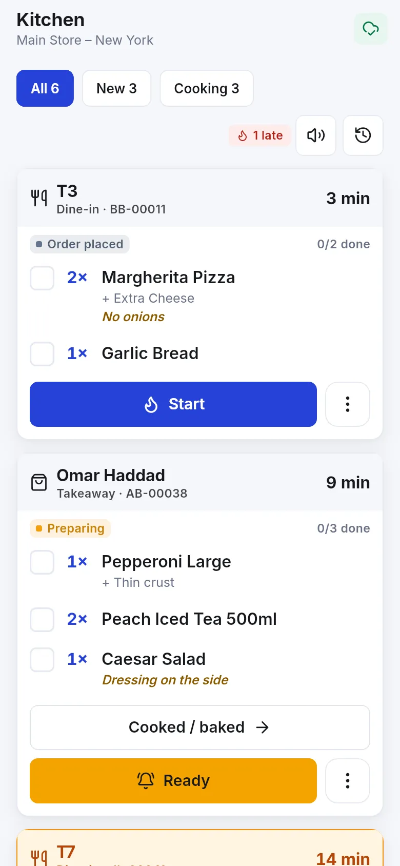 Kitchen display with tickets for table T3 and a takeaway order, items with options, Start, Cooked / baked and Ready buttons