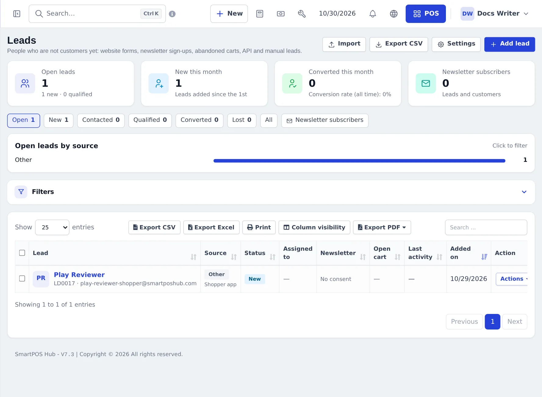 Leads page with KPI cards Open leads, New this month, Converted this month and Newsletter subscribers, status tabs, leads by source and the leads table