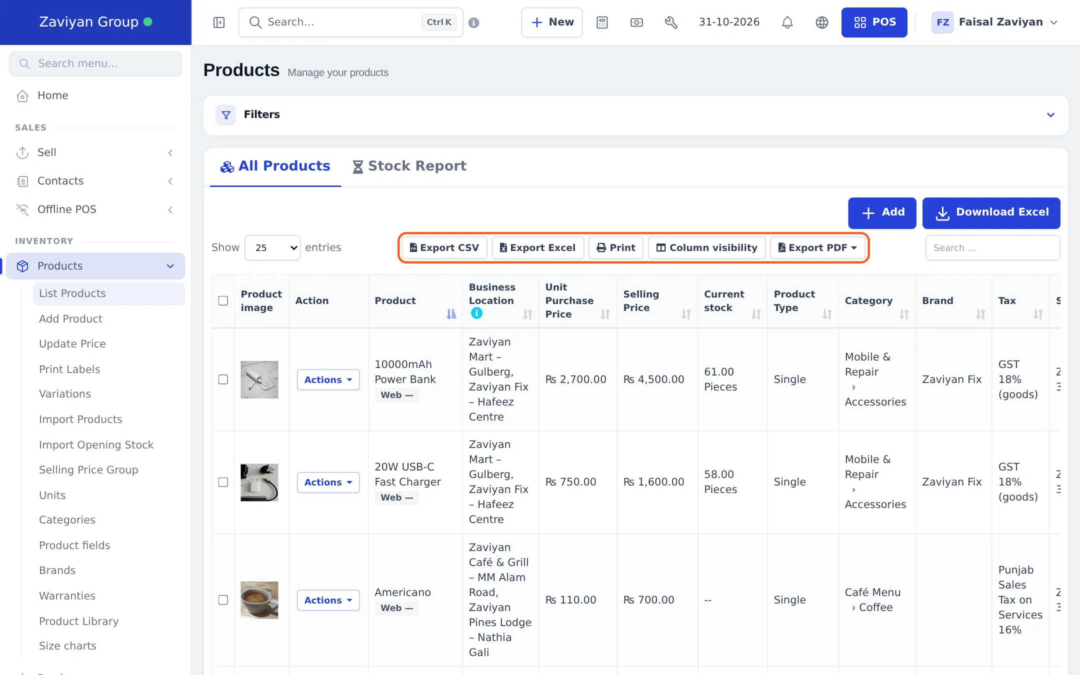 Products list with Export CSV, Export Excel, Print, Column visibility and Export PDF buttons highlighted above the table, and Add and Download Excel buttons