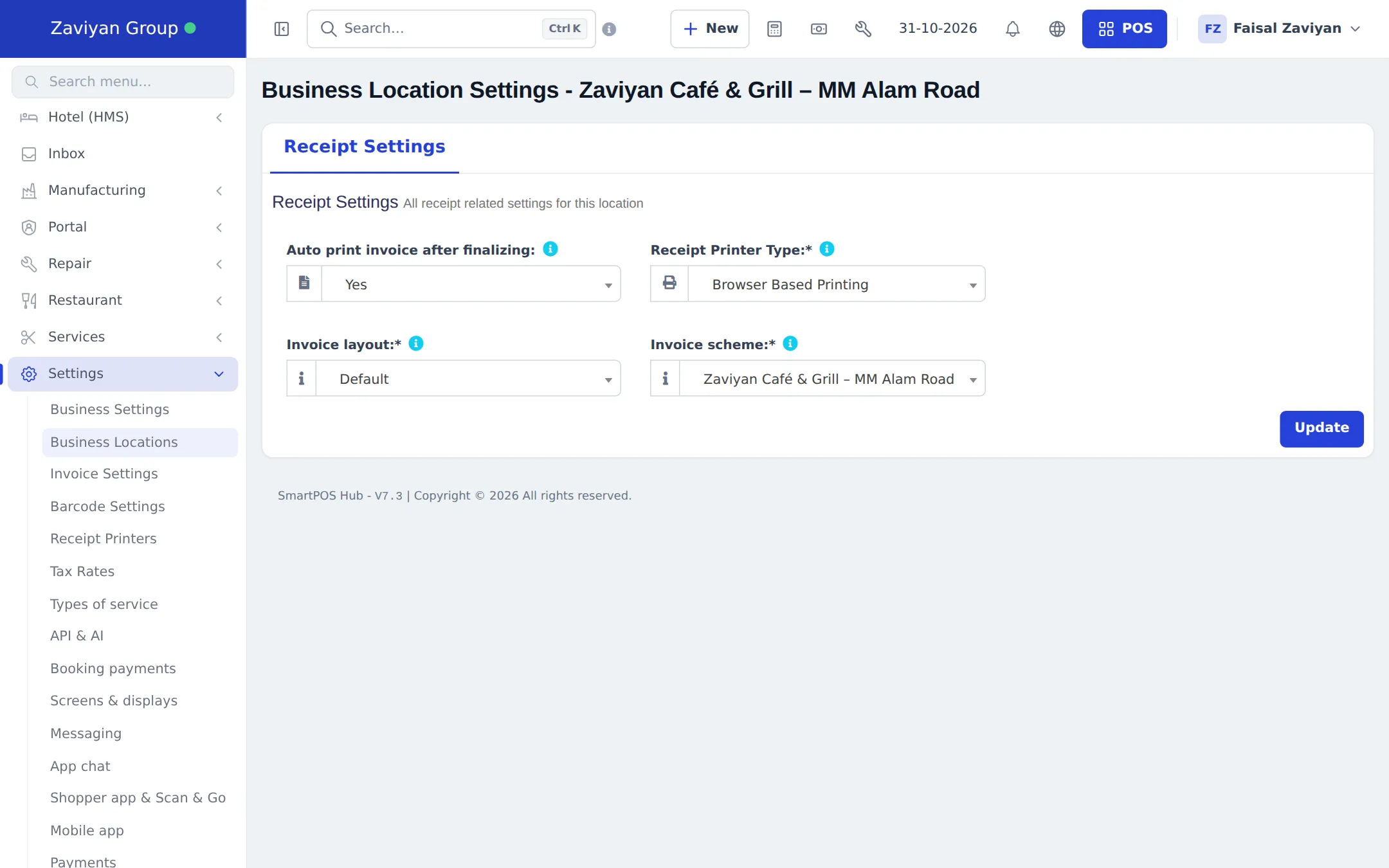 Business Location Settings page with Receipt Settings: Auto print invoice after finalizing set to Yes, Receipt Printer Type set to Browser Based Printing, Invoice layout and Invoice scheme