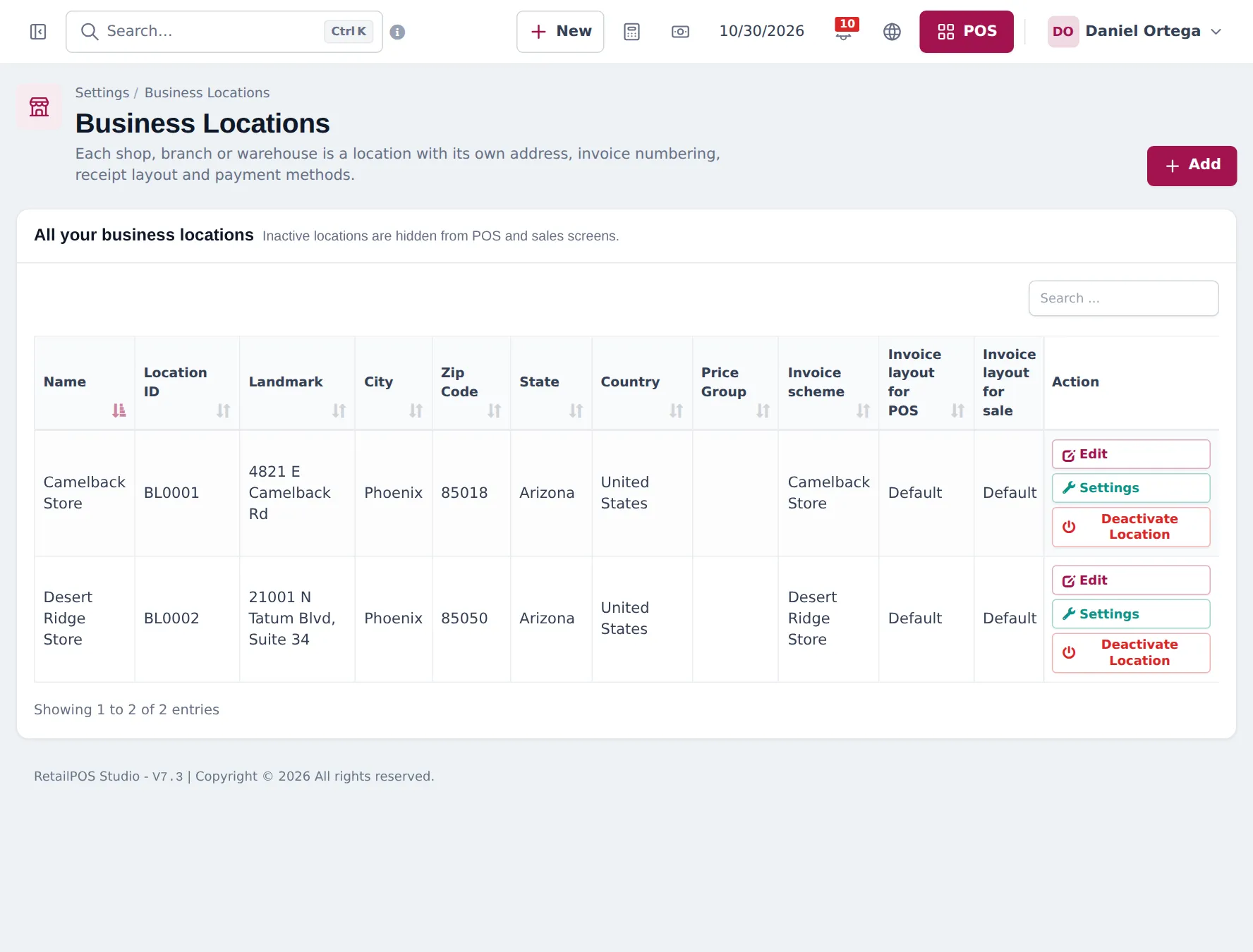 Business Locations list with Camelback Store and Desert Ridge Store, their addresses, invoice scheme and layouts