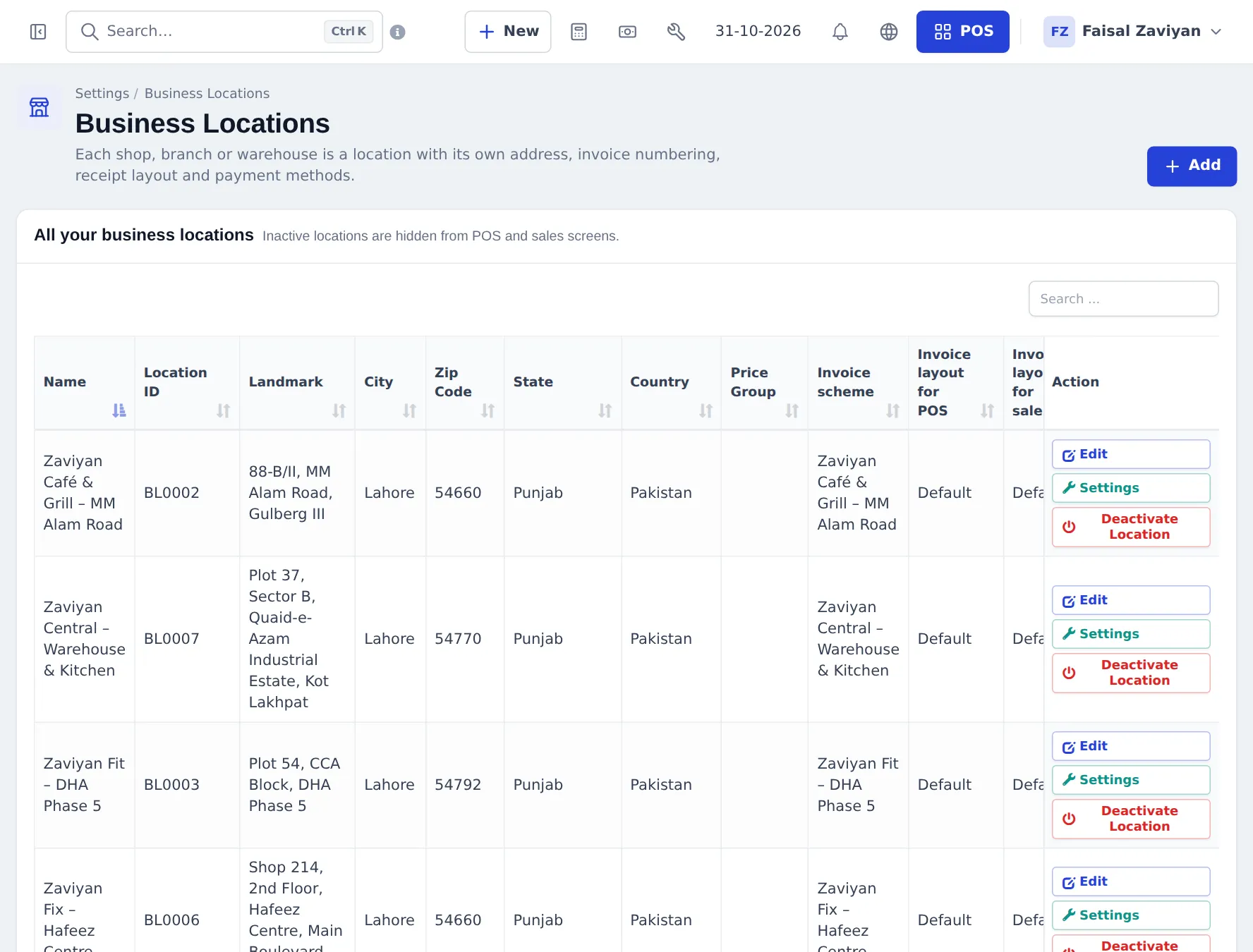 Business Locations list of a group with several locations including a central warehouse and kitchen, a mart and service branches, with invoice scheme and layout columns
