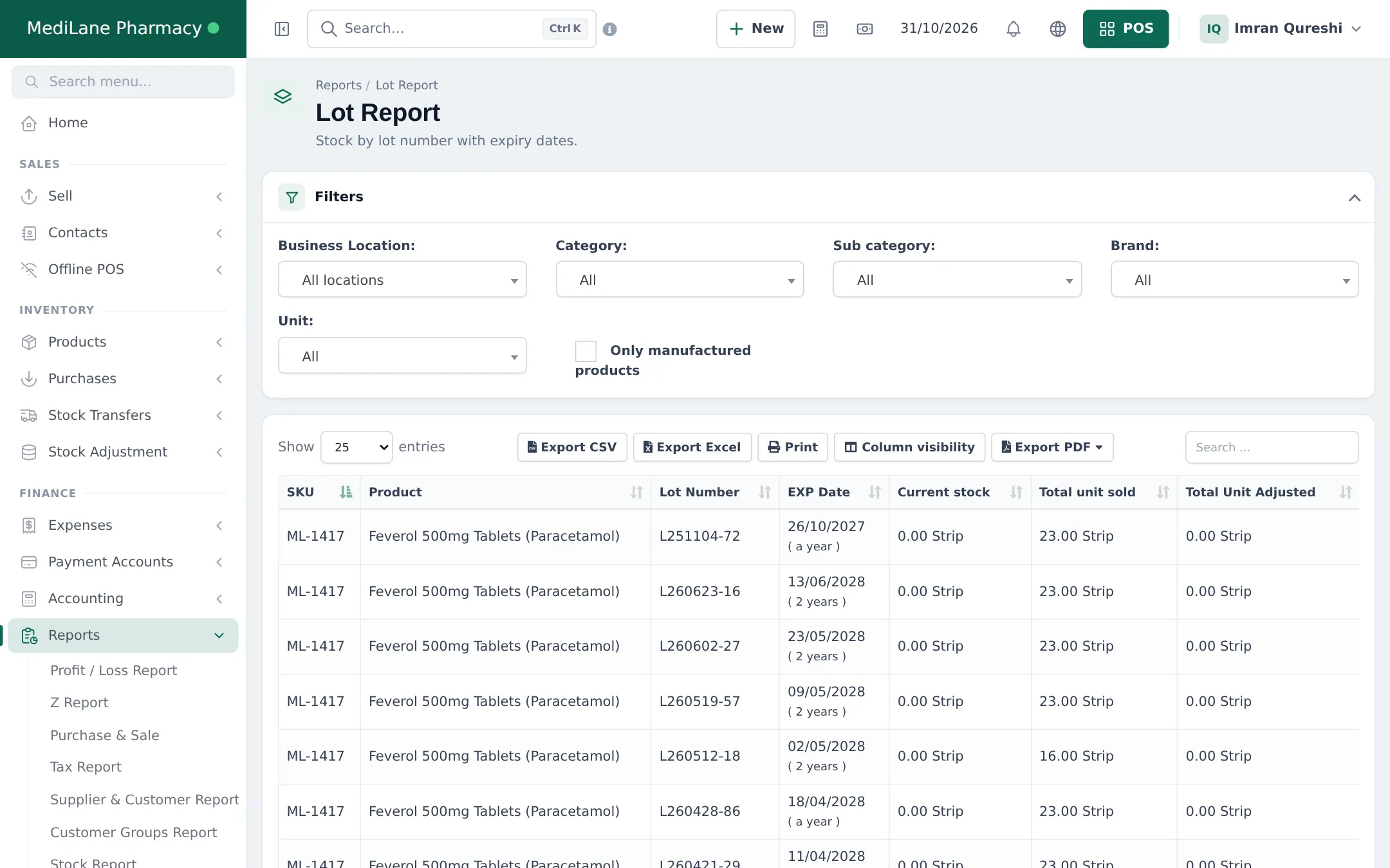 Lot Report listing lot numbers of a paracetamol product with expiry dates, current stock and units sold