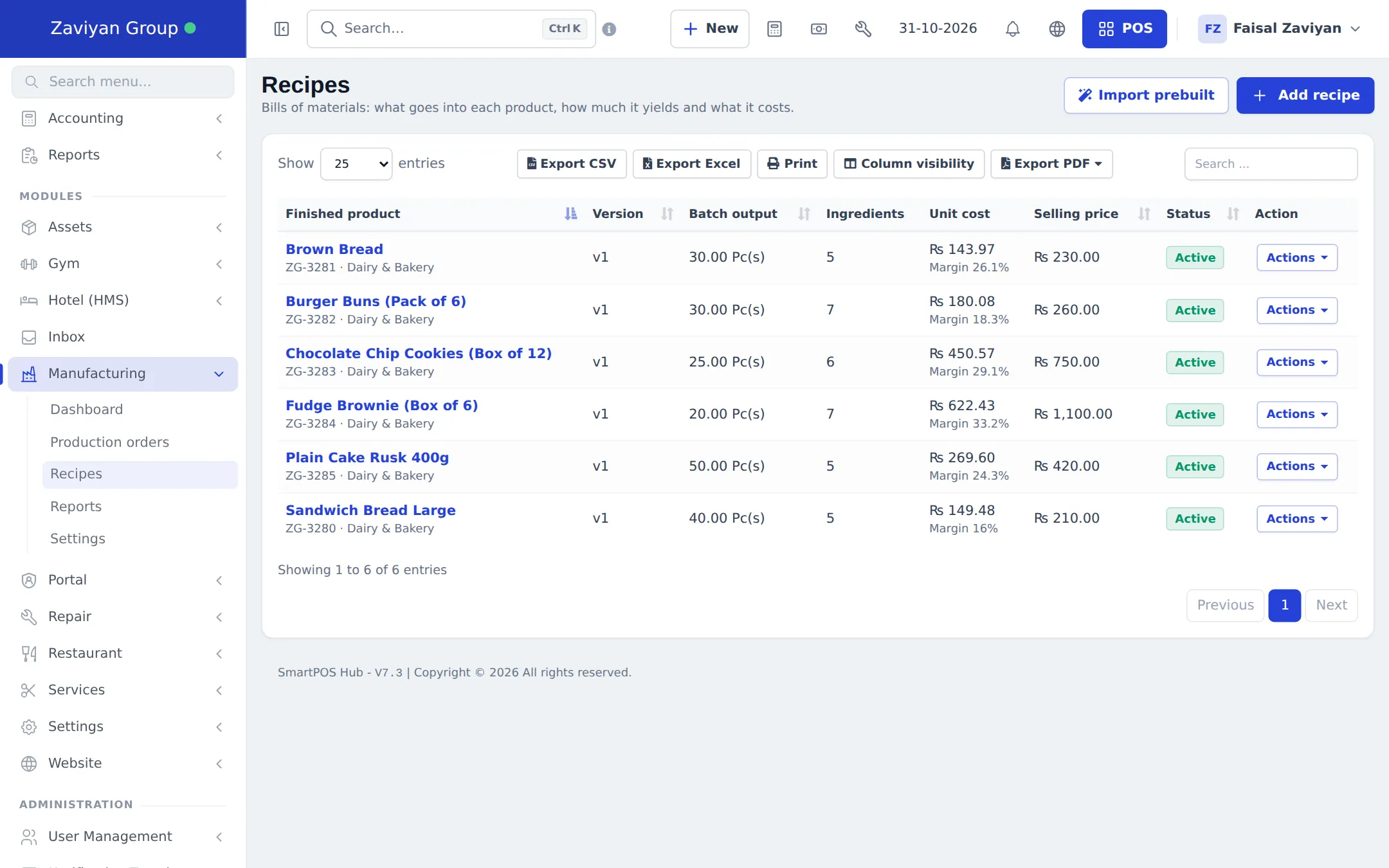 Recipes list with finished products, version, batch output, ingredient count, unit cost with margin and selling price