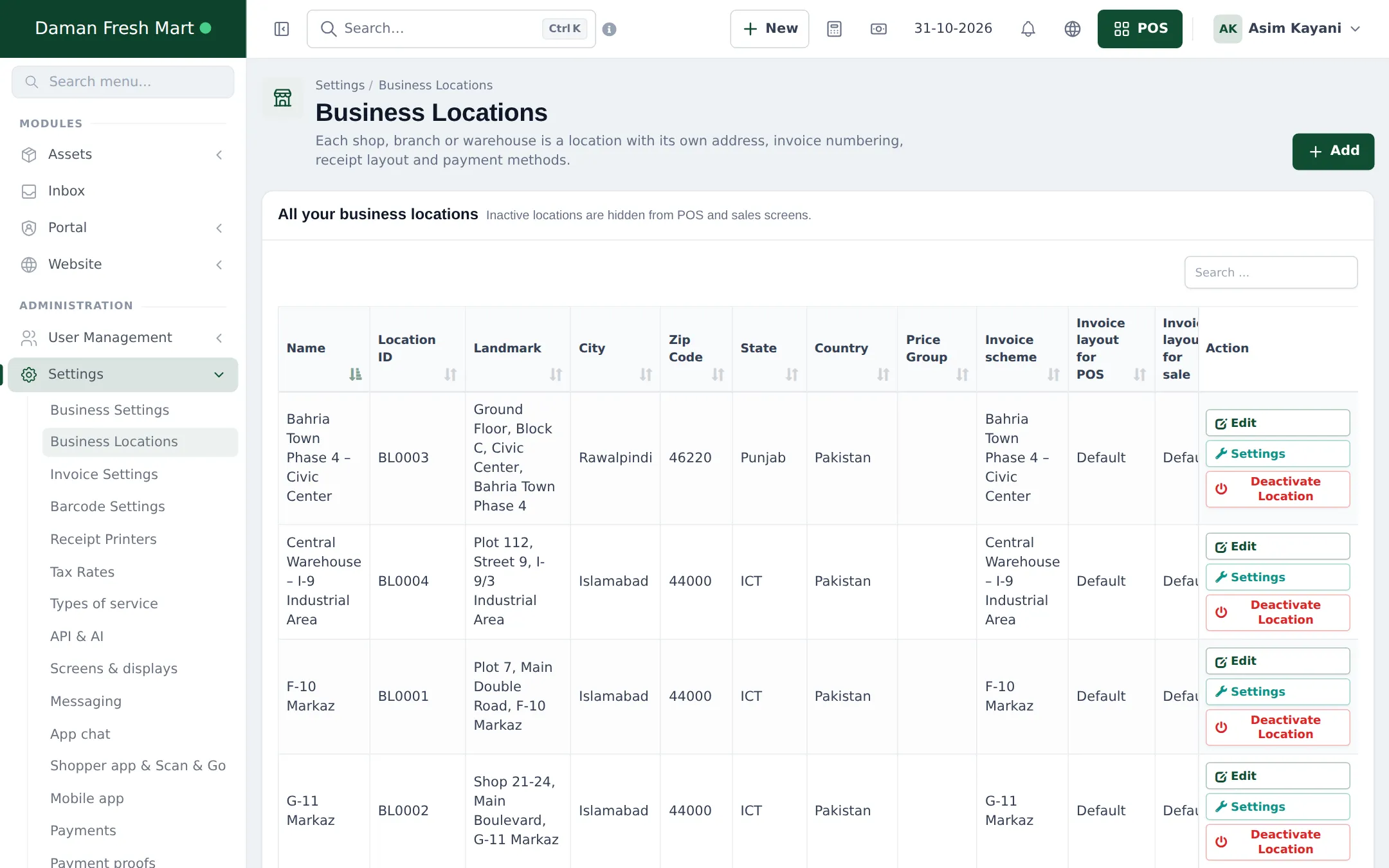Business Locations list with three shops and a central warehouse in Pakistan, each with its own location ID