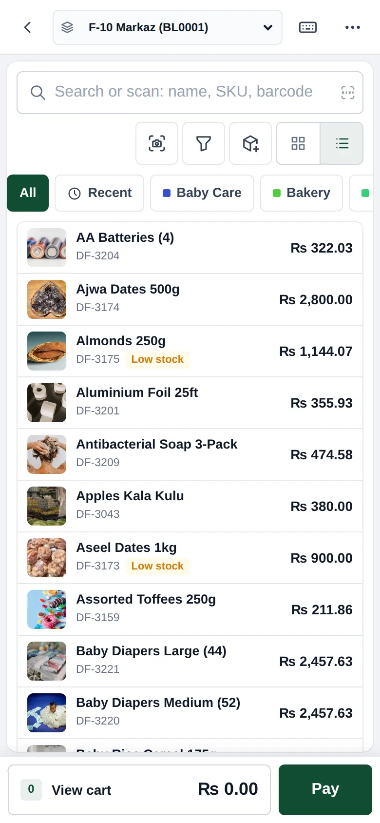 POS V2 on a phone with location, search and scan box, camera button, category chips and products