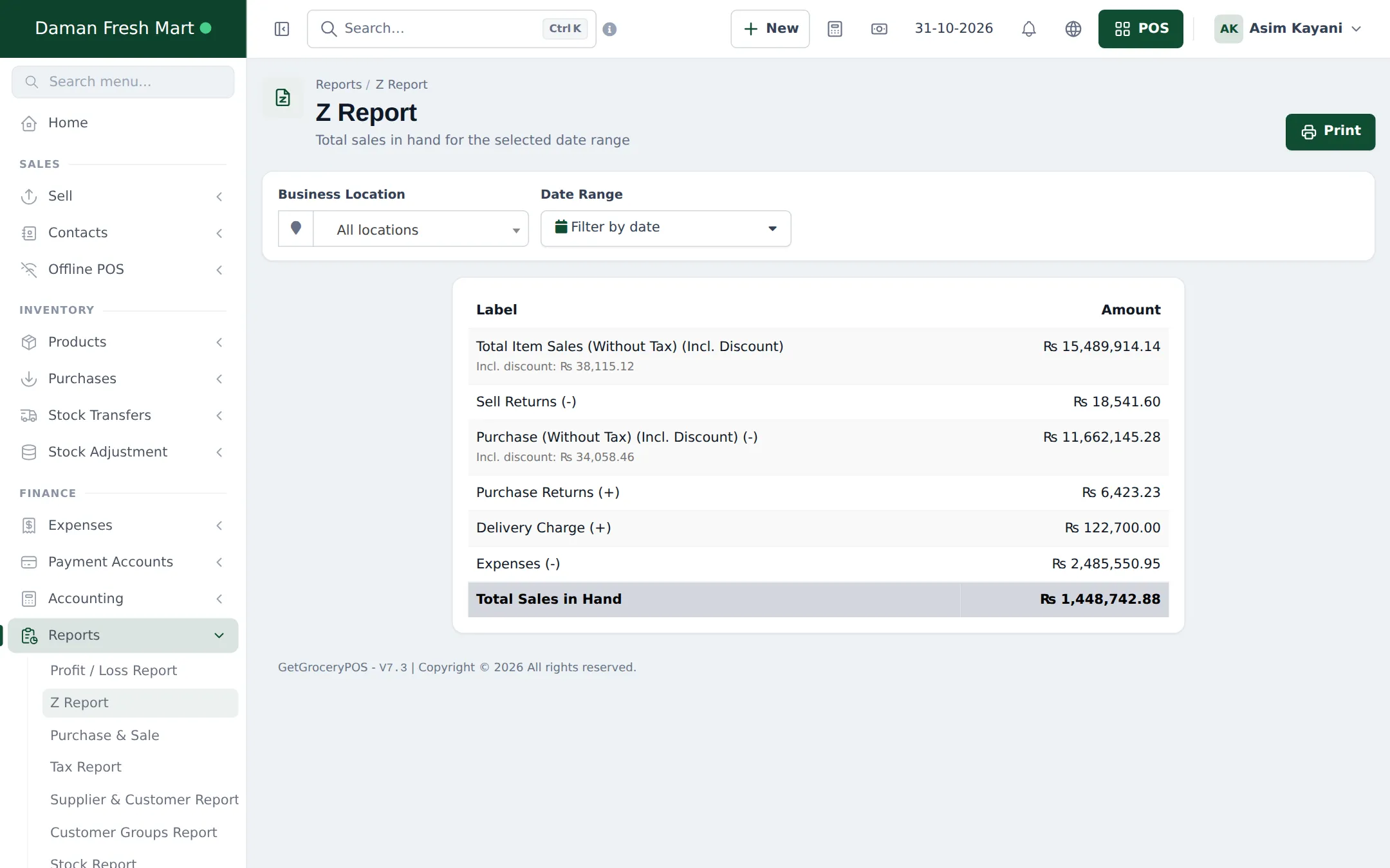 Z Report with total item sales, sell returns, purchases, purchase returns, delivery charge, expenses and total sales in hand