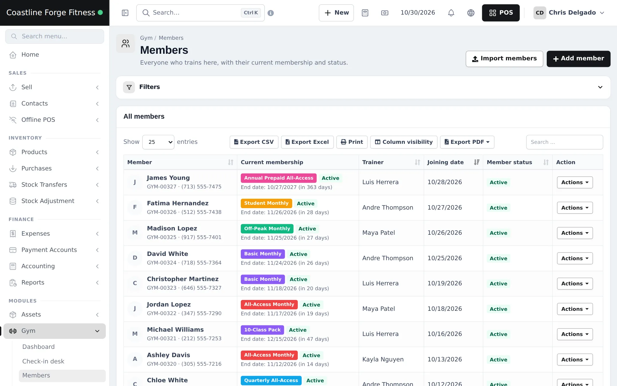 Members list with code, phone, current membership chip such as Annual Prepaid All-Access or Student Monthly with end date, trainer, joining date, member status and an Actions menu