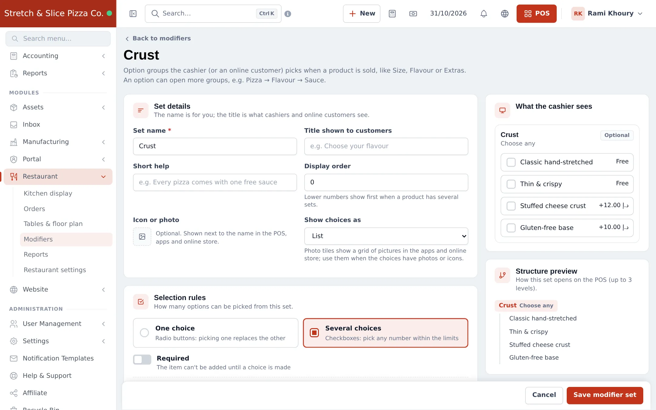 Modifier set builder for Crust with Set details, Icon or photo, Show choices as, Selection rules with One choice and Several choices, and a live preview of what the cashier sees
