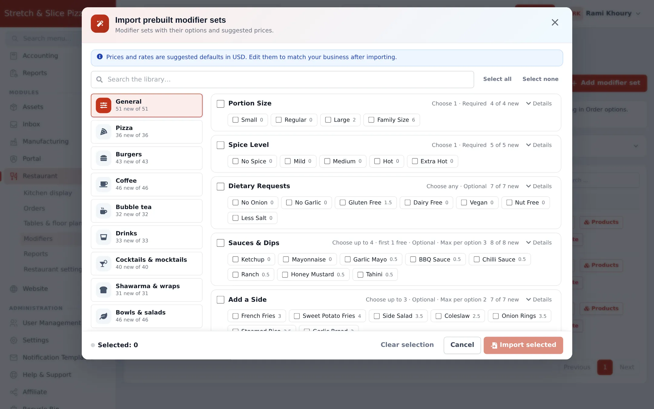 Import prebuilt modifier sets window showing Portion Size, Spice Level, Dietary Requests and Sauces sets with rules