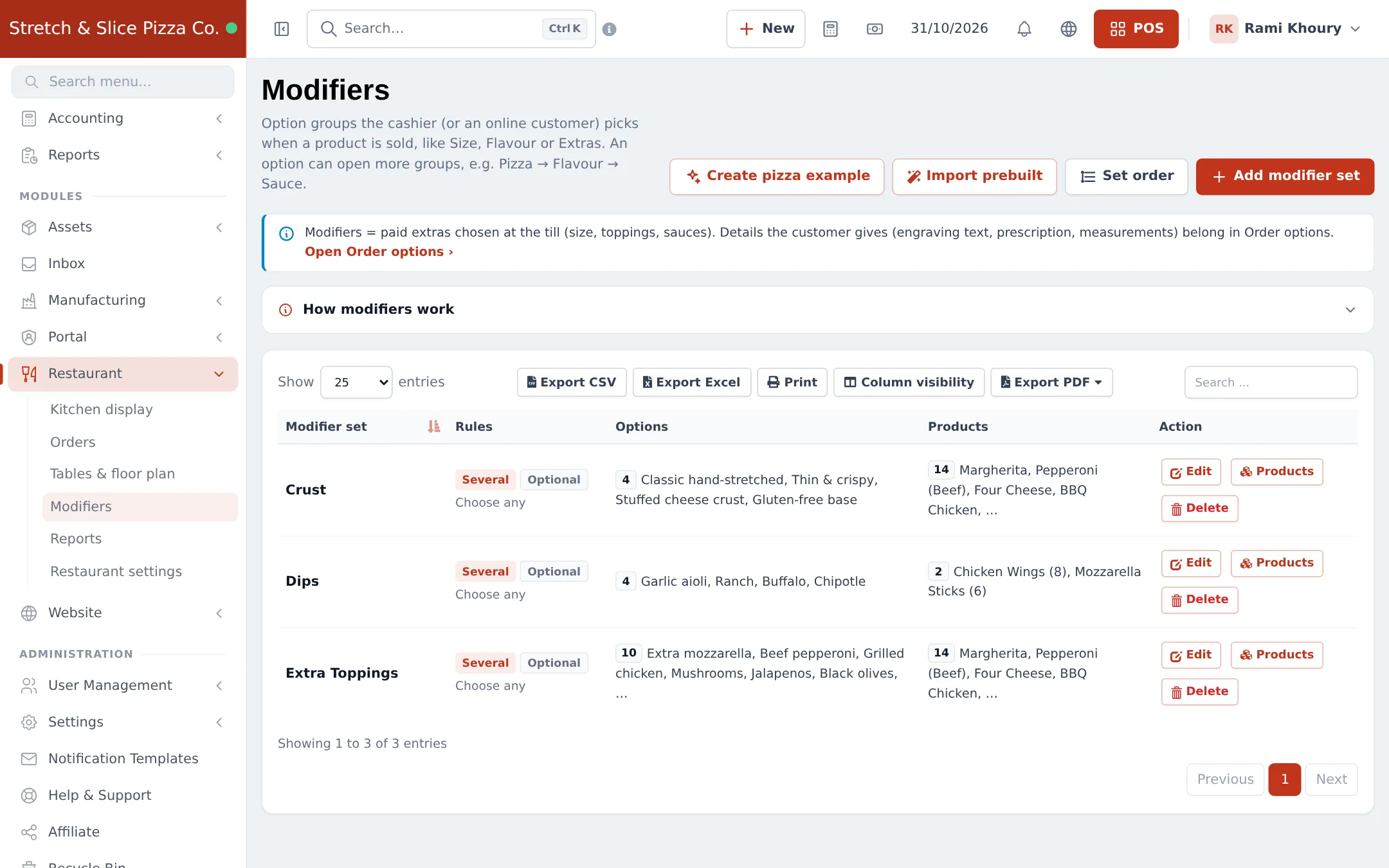 Modifiers list with Crust, Dips and Extra Toppings sets showing rules badges, option counts and linked products, plus Edit, Products and Delete buttons