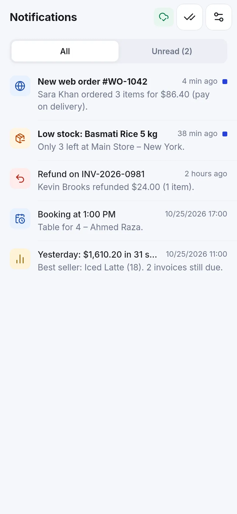Notifications inbox with All and Unread tabs listing a new web order, low stock, refund, booking and yesterday's summary