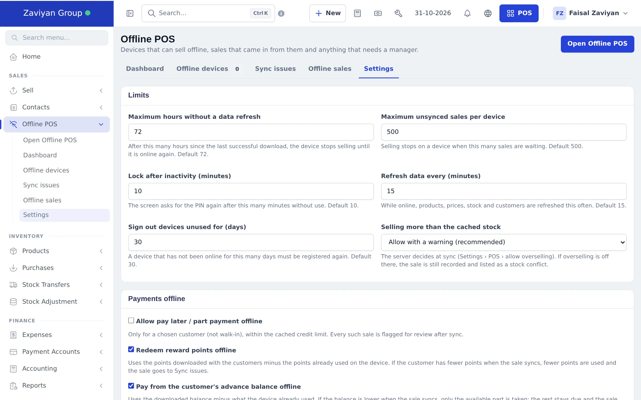 Offline POS Settings tab with Limits fields and Payments offline options