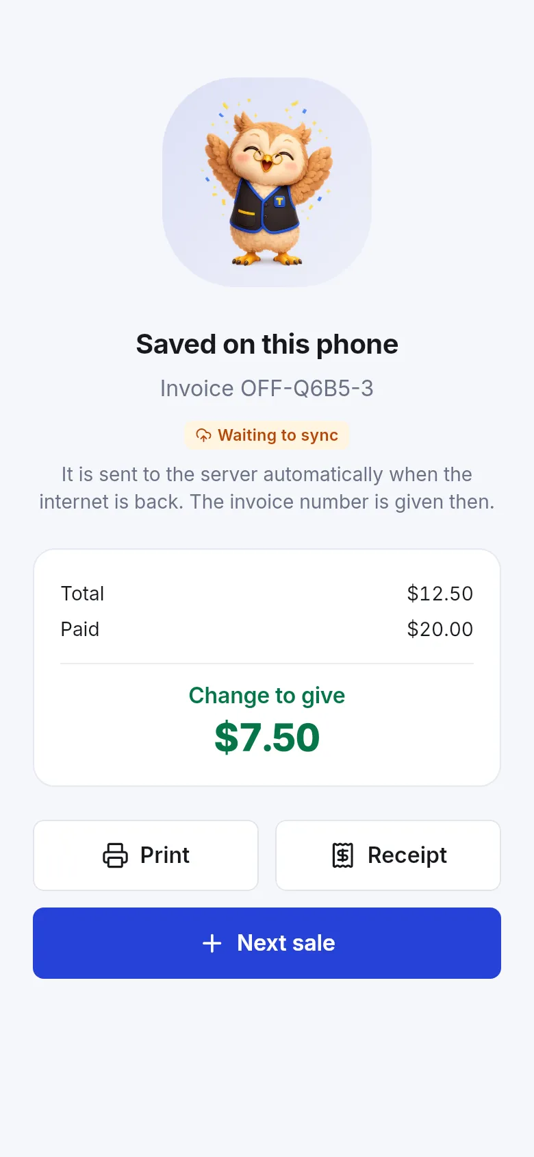 Business app sale saved on this phone with an OFF invoice reference and Waiting to sync badge