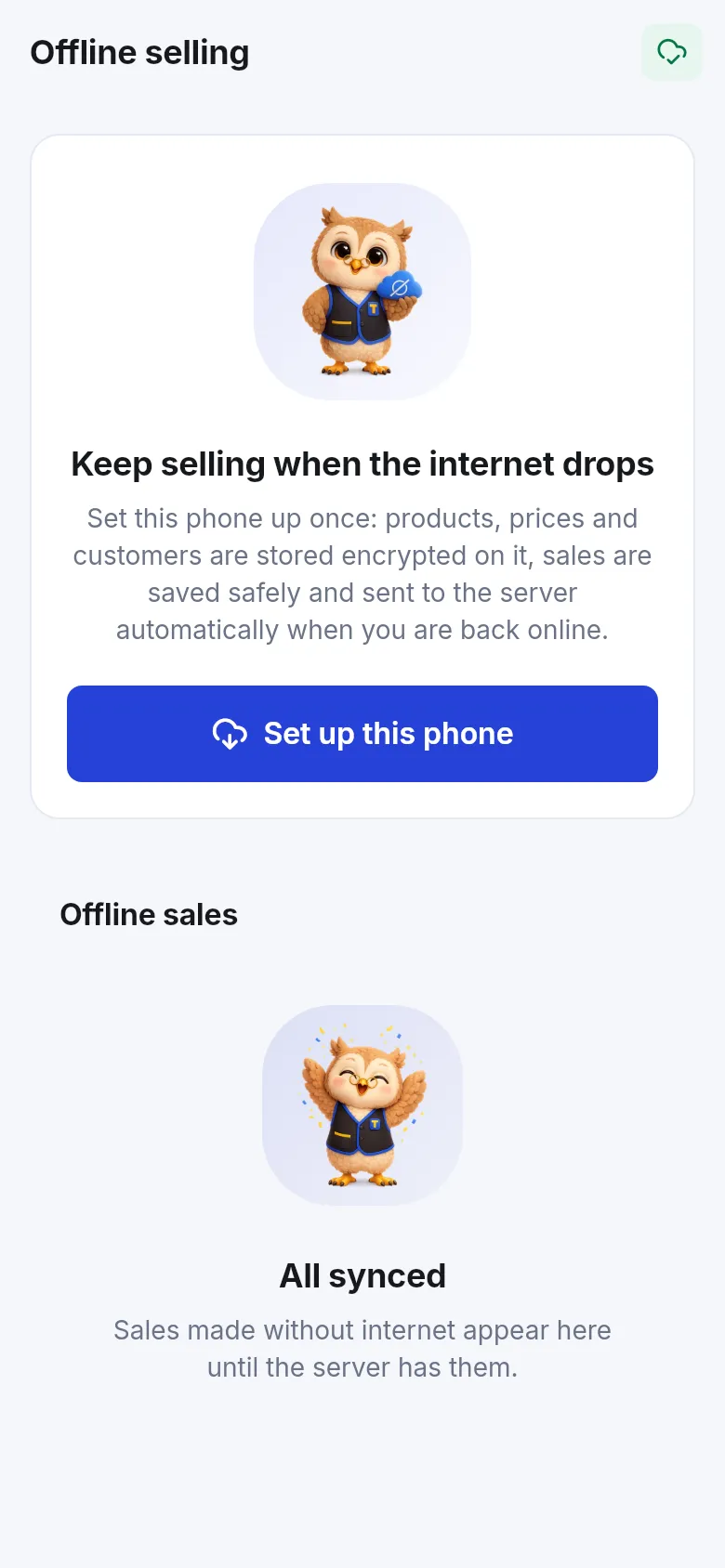 Business app Offline selling screen with Set up this phone button and All synced message