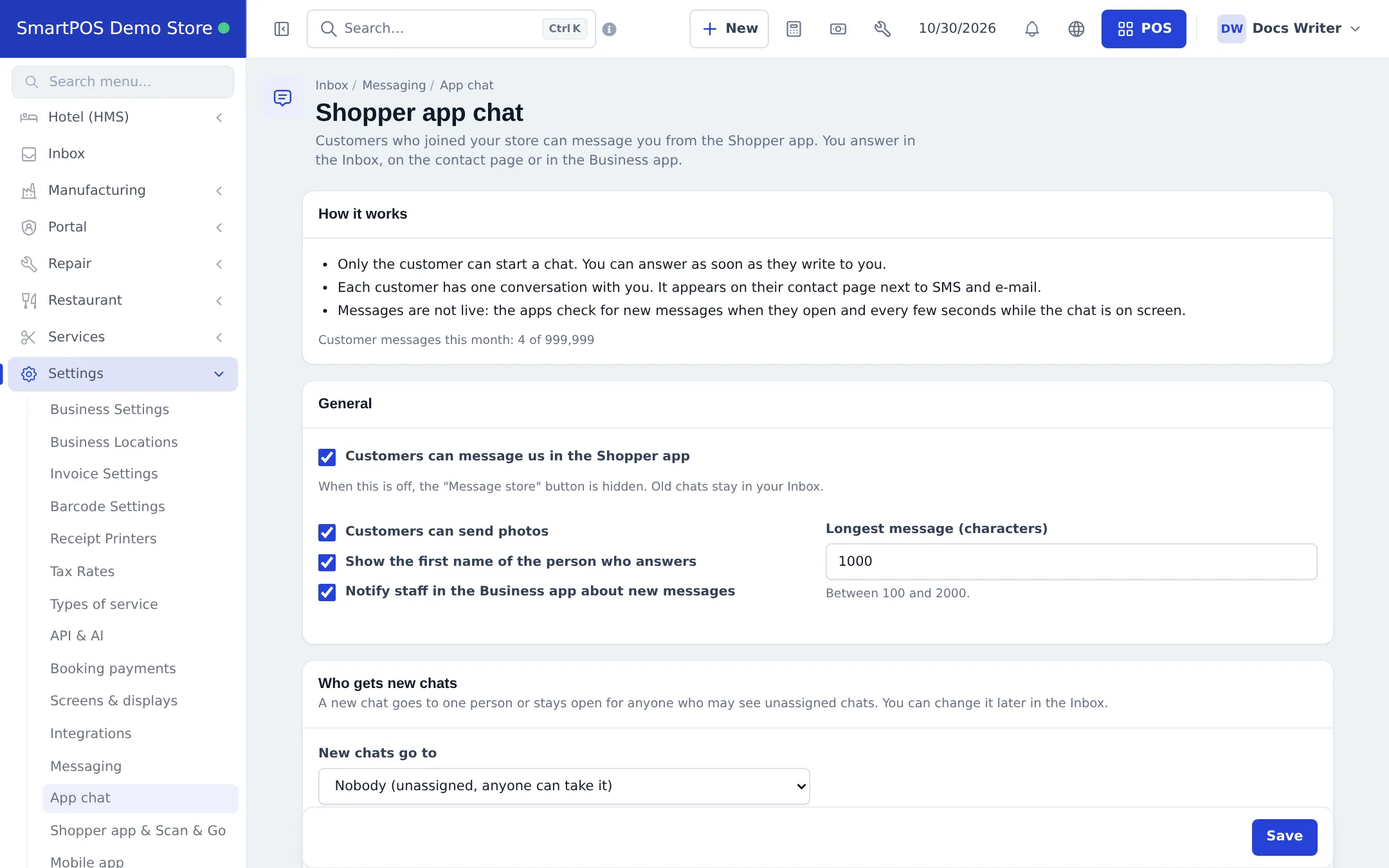 Shopper app chat settings page