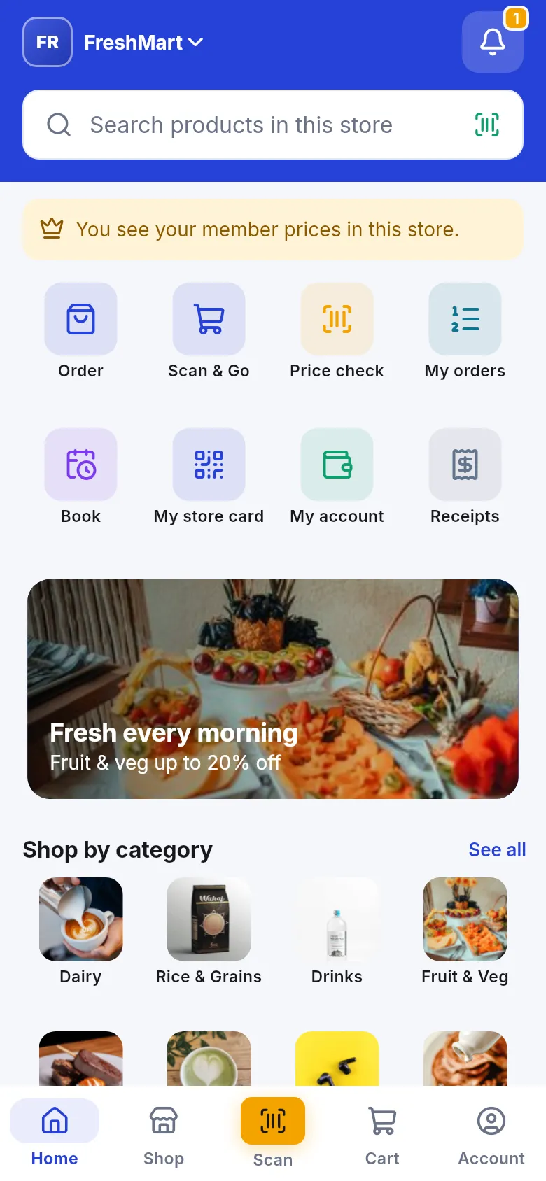 Market look home screen with shortcut tiles for Order, Scan and Go, Price check, a banner and categories