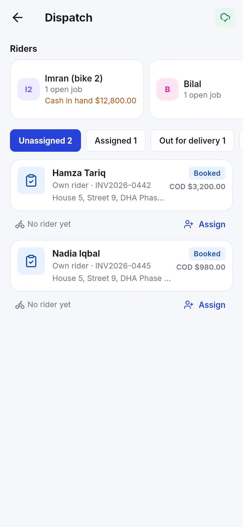 Dispatch screen in the Business app with riders and cash in hand, Unassigned, Assigned and Out for delivery tabs, and shipments with COD amounts and Assign buttons