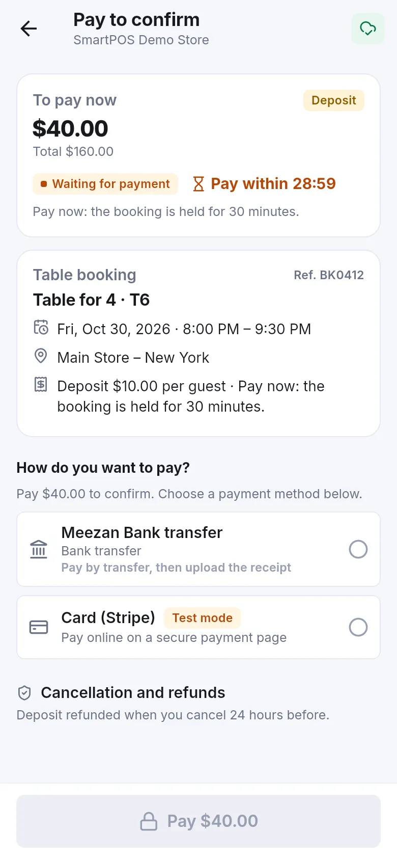 Shopper app screen to pay for a booking with card and bank transfer choices