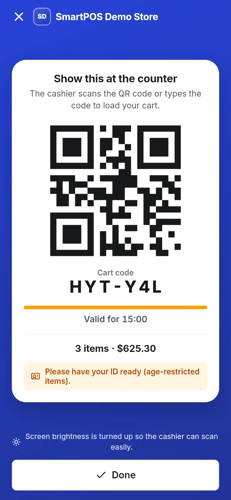 Show this at the counter screen with a QR code, cart code HYT-Y4L valid for 15 minutes, 3 items and an ID reminder