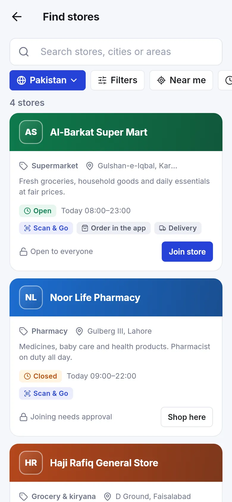 Find stores with search, country, filters and store cards