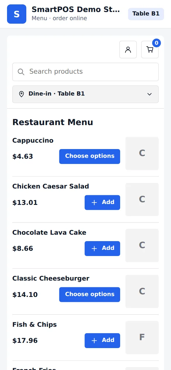 Ordering page opened from a table QR code showing Dine-in Table B1 and the restaurant menu