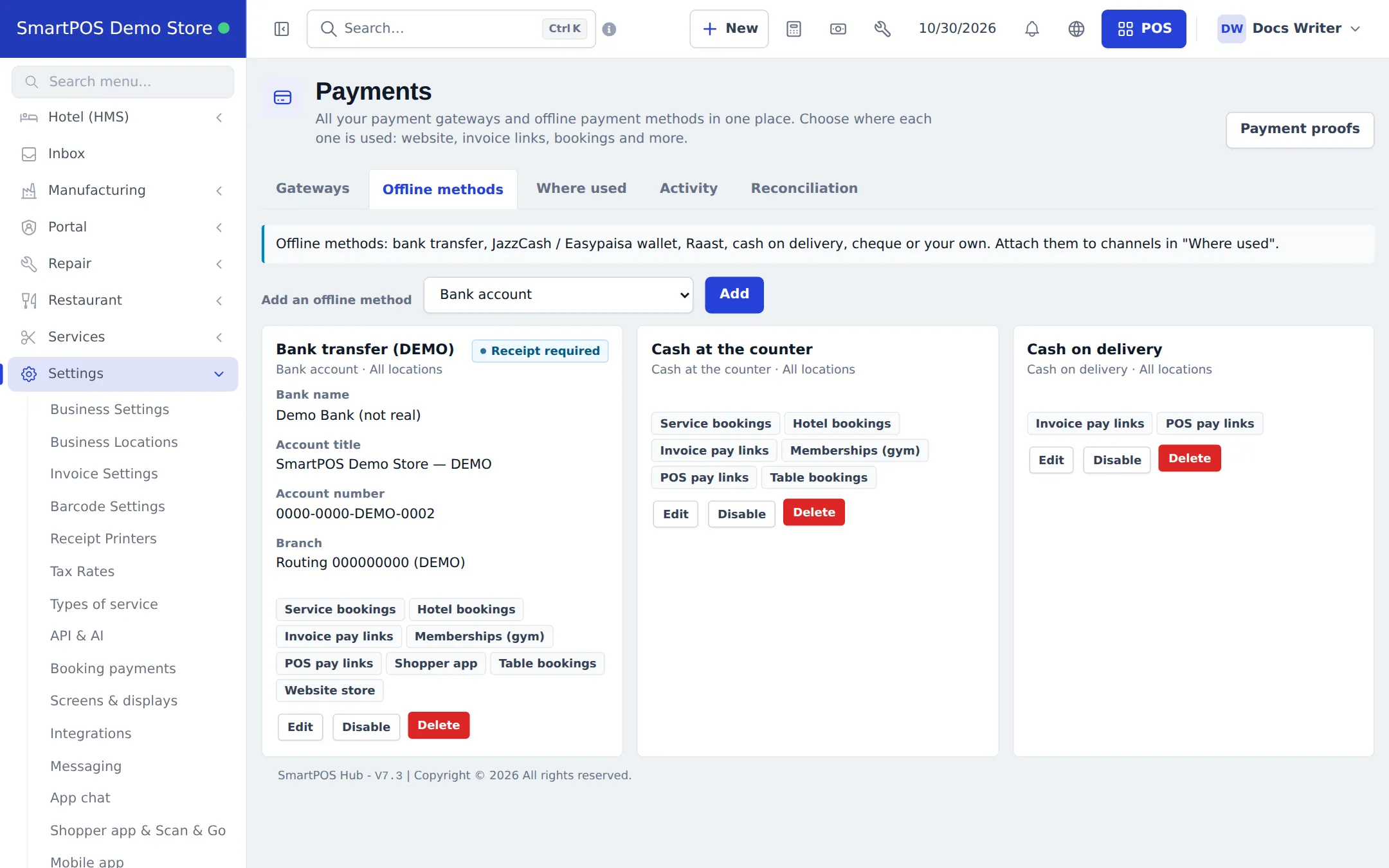 Offline methods tab with Bank transfer requiring a receipt, Cash at the counter and Cash on delivery cards and the channels each is used on
