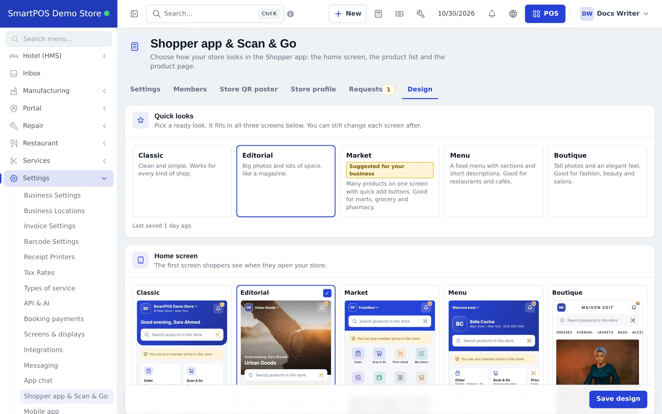 Design tab with Quick looks Classic, Editorial, Market suggested for your business, Menu and Boutique, and Home screen previews of each look