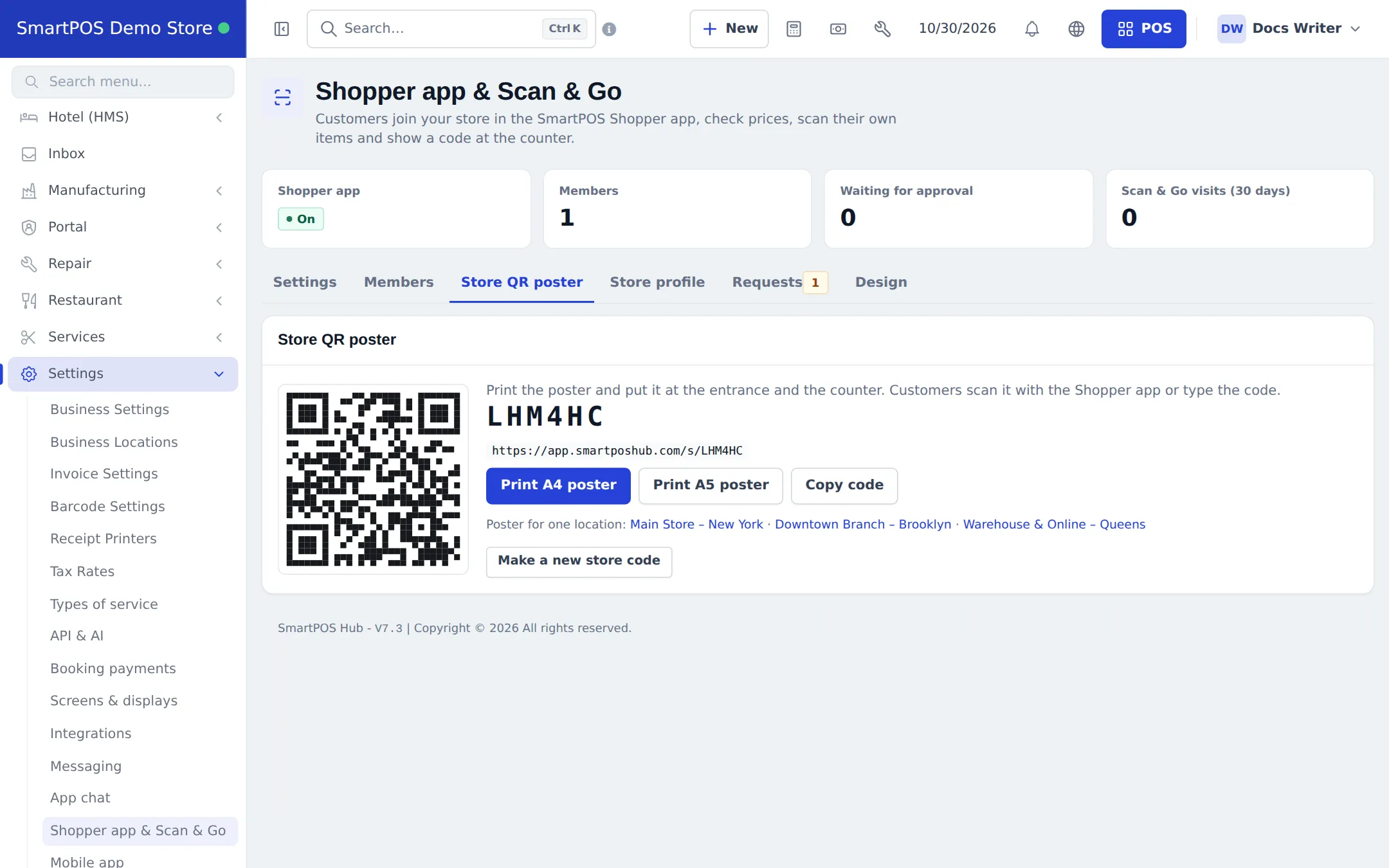 Store QR poster tab with the QR code, the store code, the join link and Print A4 poster, Print A5 poster, Copy code and Make a new store code buttons