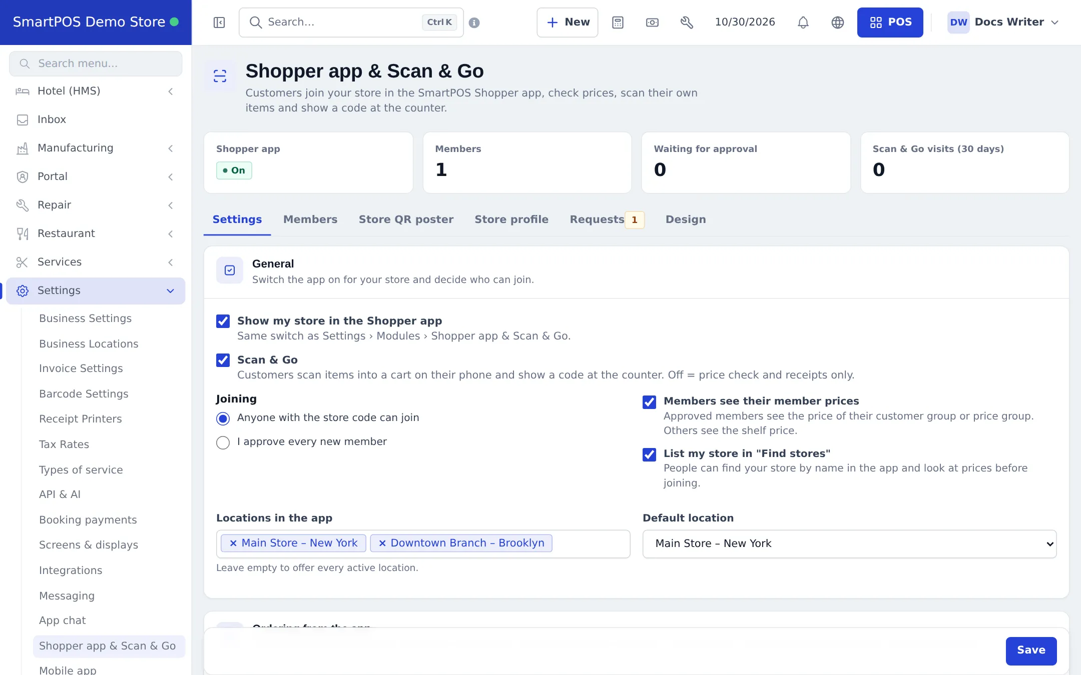 Shopper app and Scan and Go settings with Show my store in the Shopper app, Scan and Go, Joining options, member prices, Find stores listing and locations