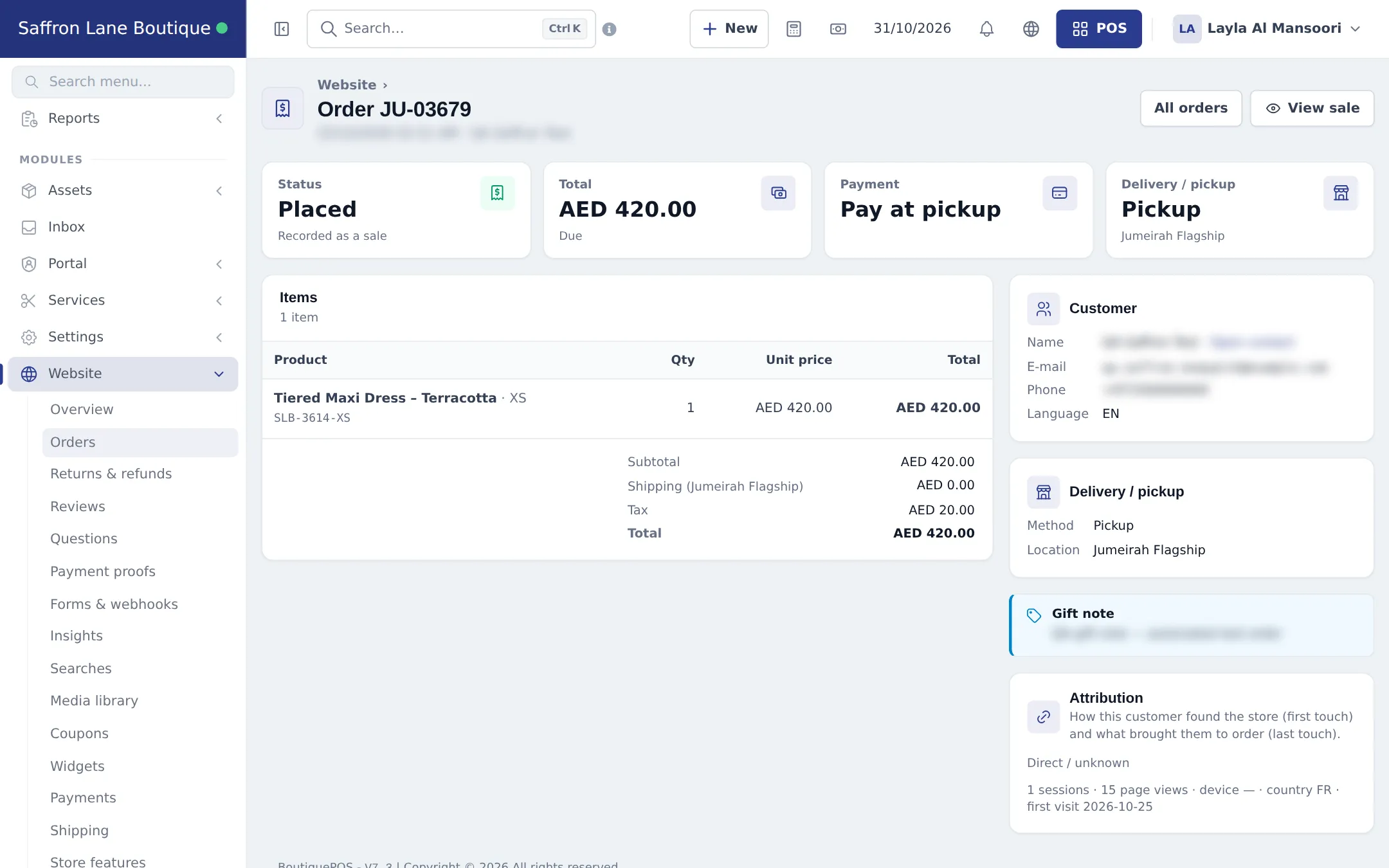 Order detail page with status Placed, total, payment Pay at pickup, pickup location, item list and totals, customer, gift note and attribution cards