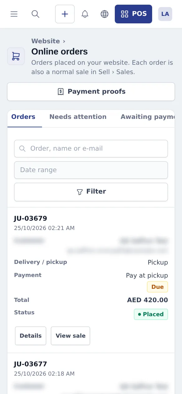 Online orders on a phone with each order shown as a card with delivery, payment, total, status and Details and View sale buttons
