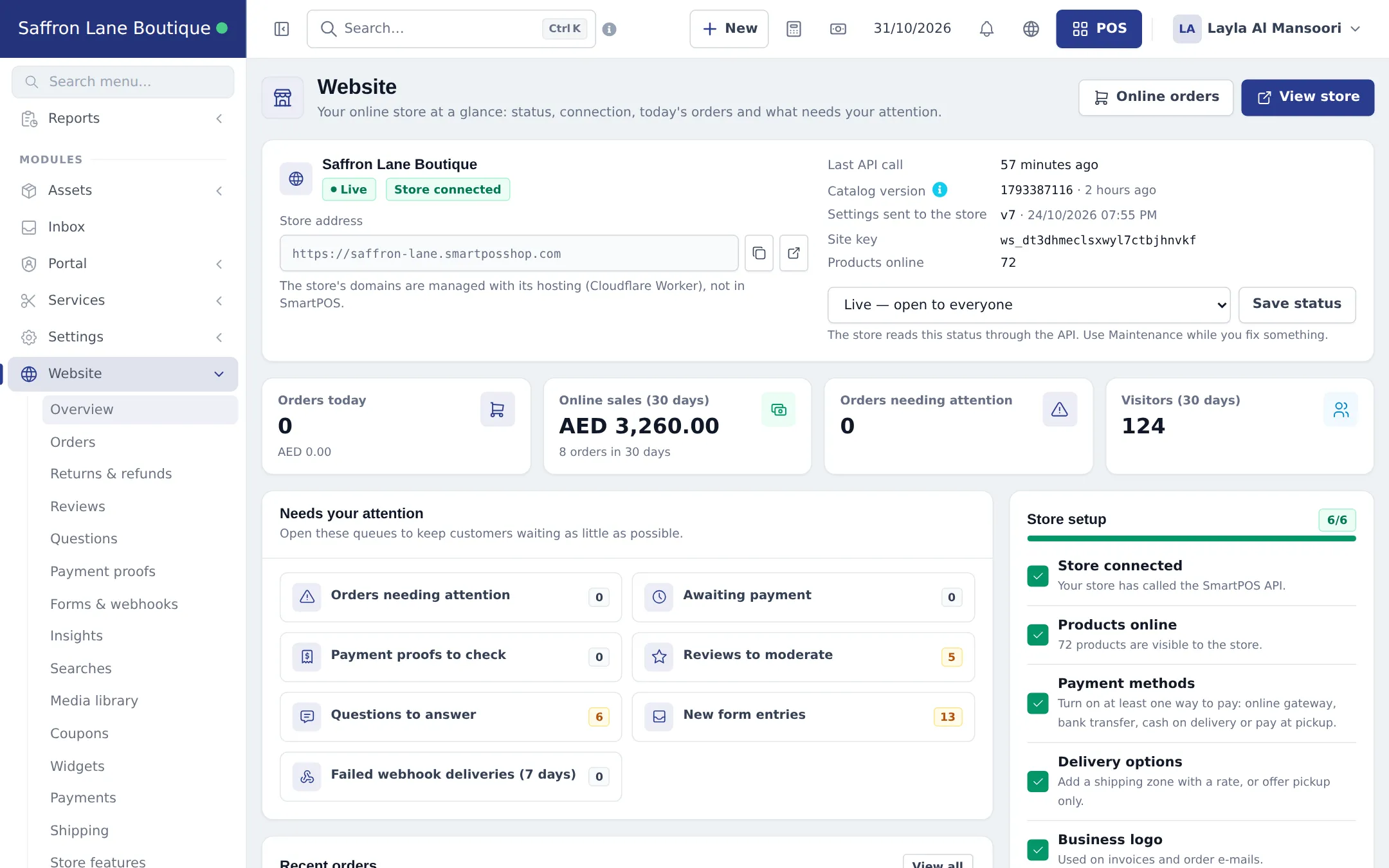 Website overview page with store status Live, store connected, orders and visitors for 30 days and the Needs your attention list