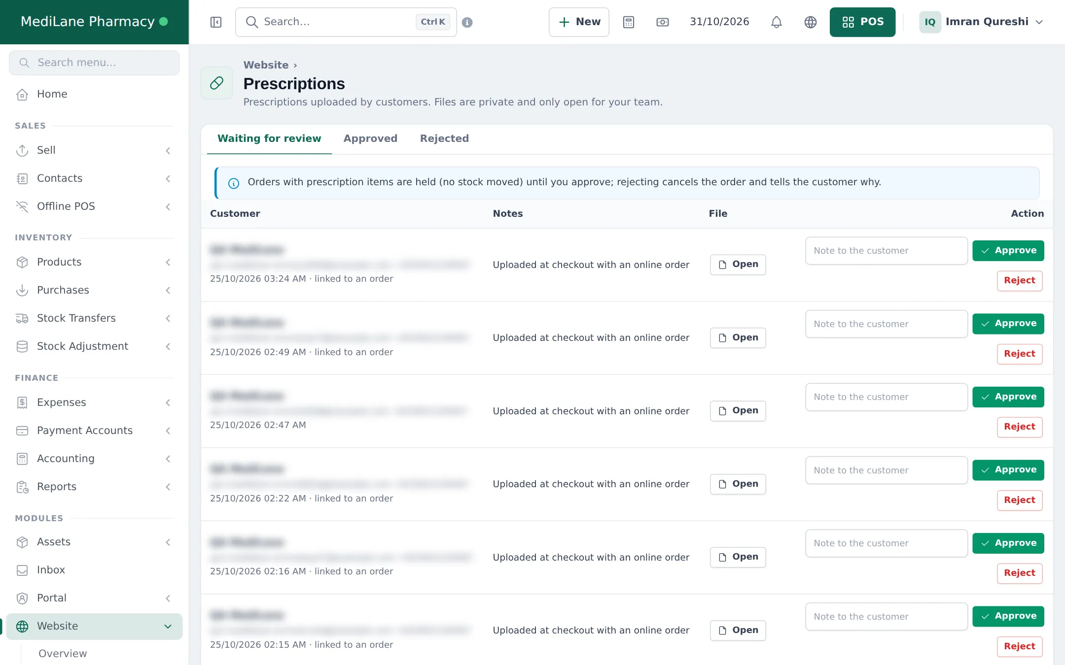 Prescriptions page with Waiting for review tab, uploaded files, Note to the customer box and Approve and Reject buttons