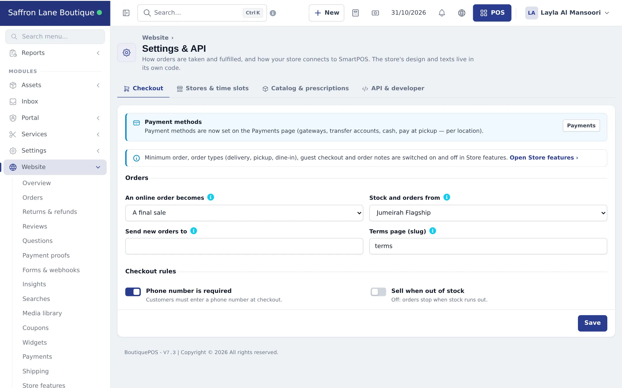 Website Settings and API page on the Checkout tab with An online order becomes, Stock and orders from, terms page and checkout rule switches