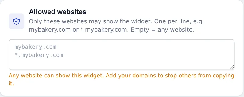 Allowed websites box with example domains and the warning Any website can show this widget