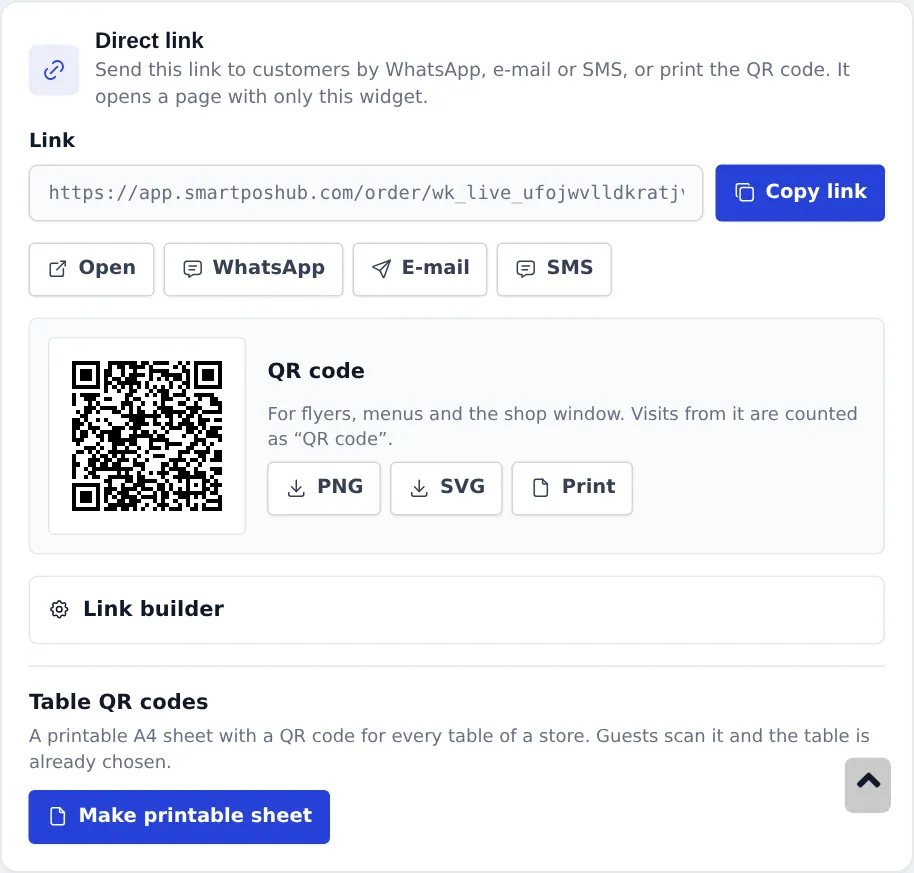 Direct link card with the link, Copy link, Open, WhatsApp, E-mail and SMS buttons, the QR code with PNG, SVG and Print, the Link builder and Table QR codes
