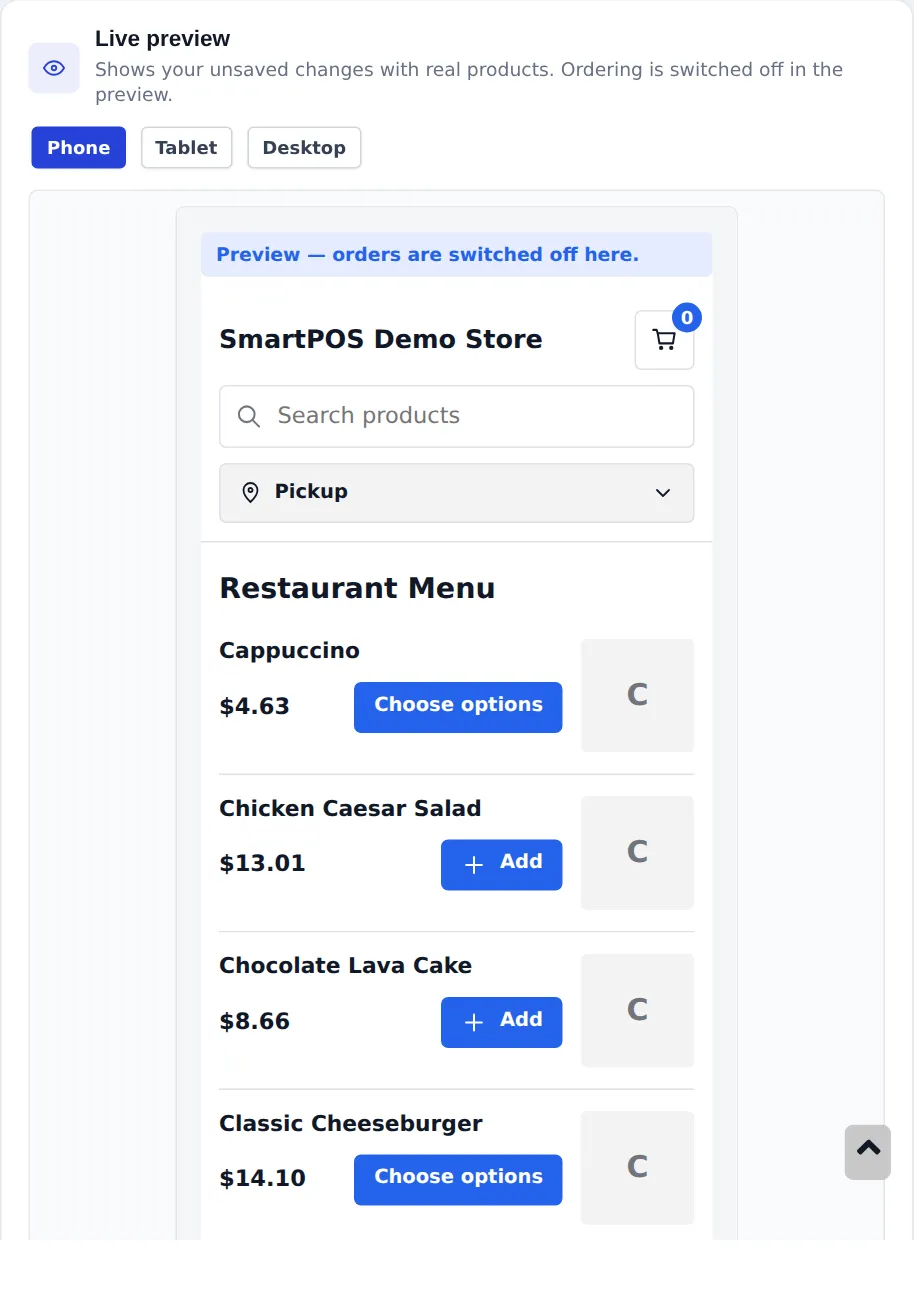Live preview on the Phone setting showing the restaurant menu with search, Pickup selector and Add and Choose options buttons