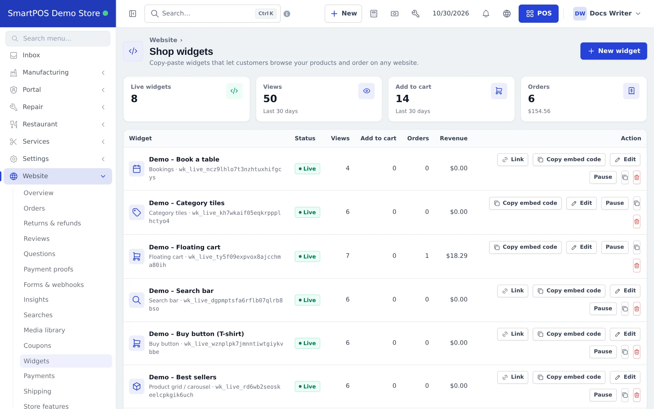Shop widgets list with live widgets and their views, add to cart, orders and revenue