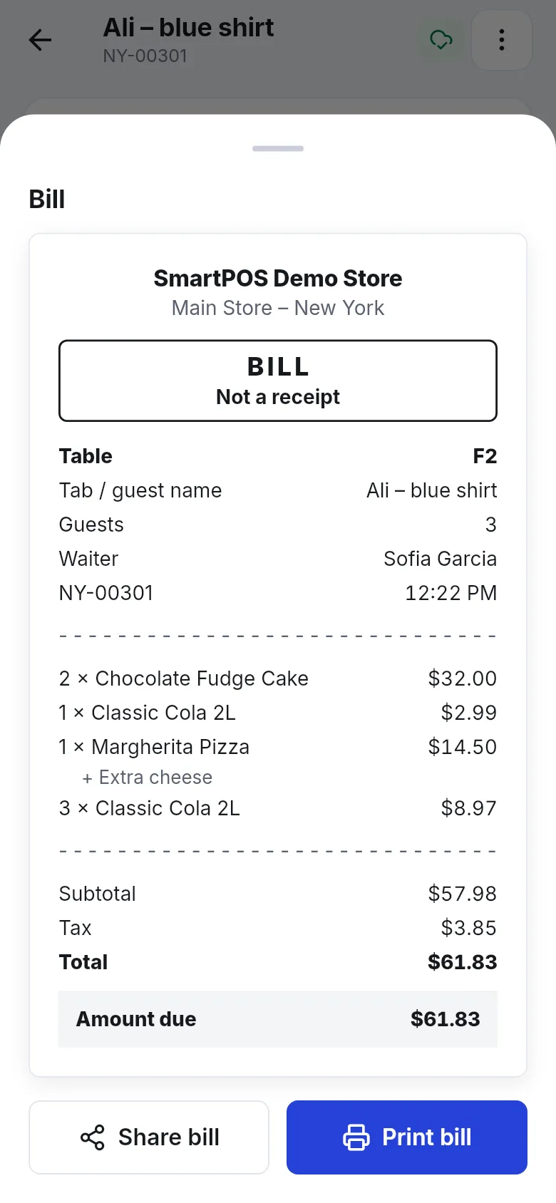 Pre-bill marked Bill, not a receipt, with table, tab name, guests, waiter and amount due